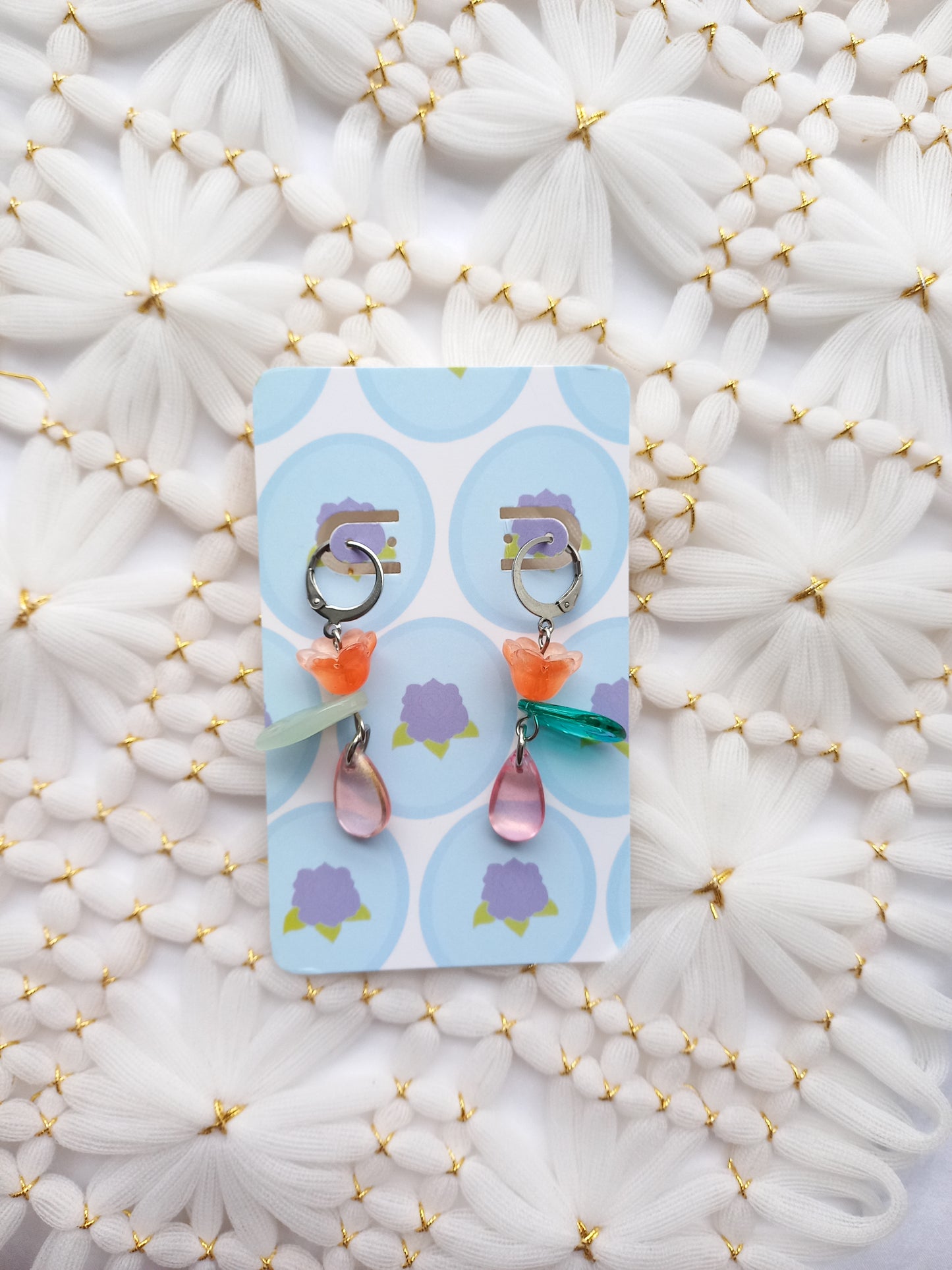 Orange Flower Teardrop Huggie Earrings | One of a Kind