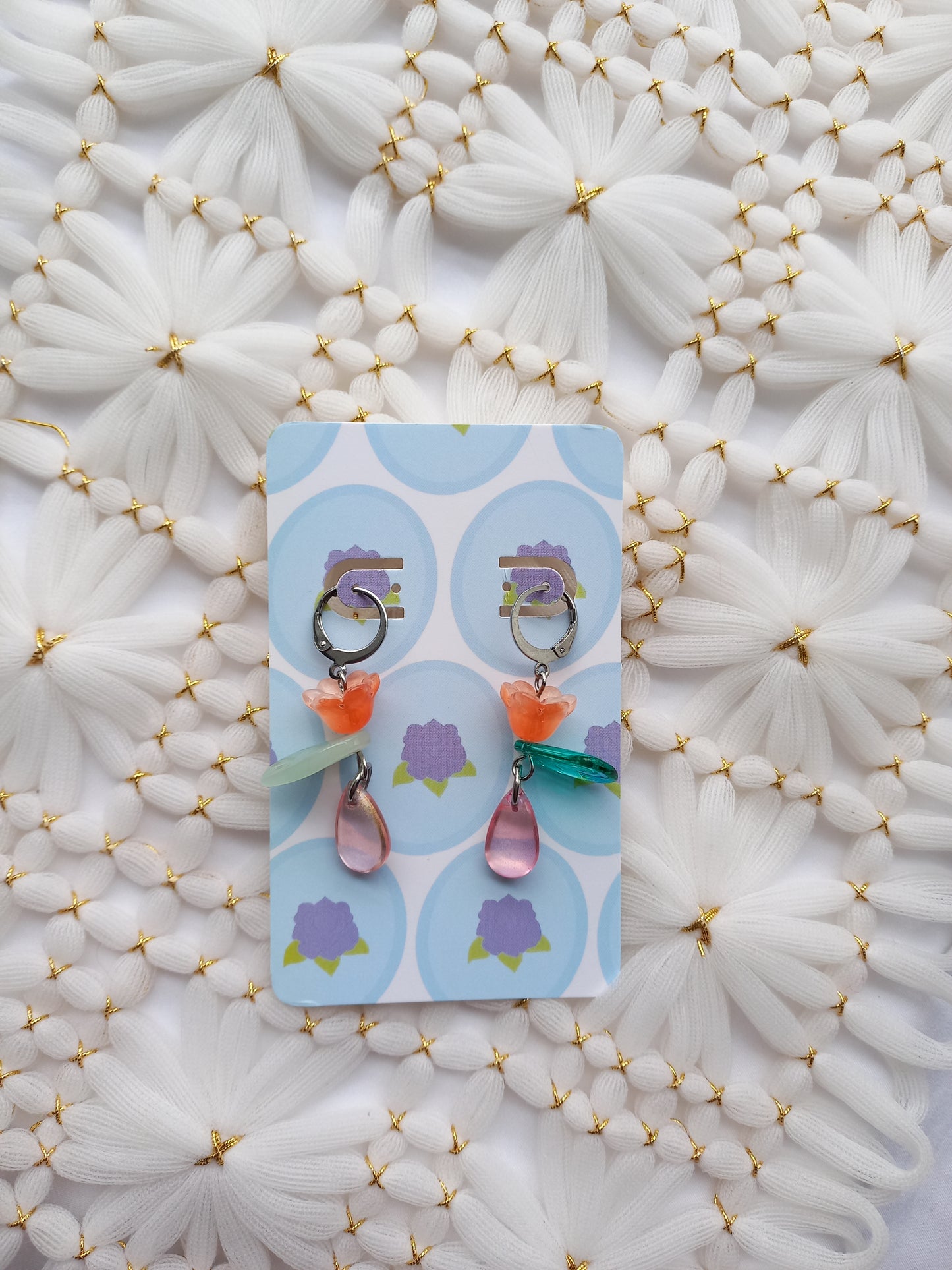 Orange Flower Teardrop Huggie Earrings | One of a Kind