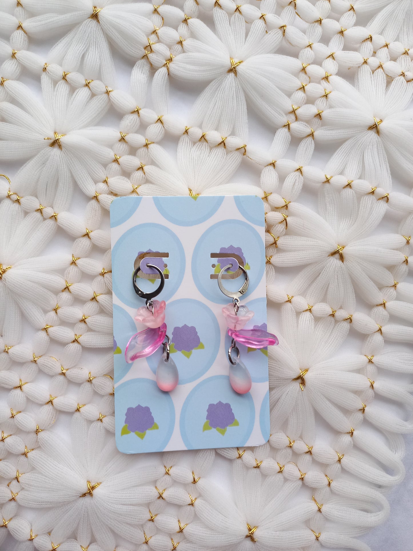 Pink Flower Teardrop Huggie Earrings | One of a Kind