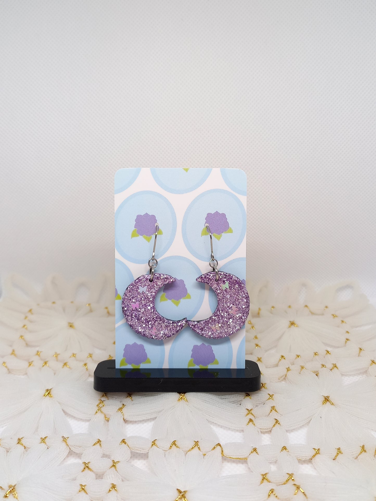 Purple Glittery Moon Earrings | Sparkles Collection