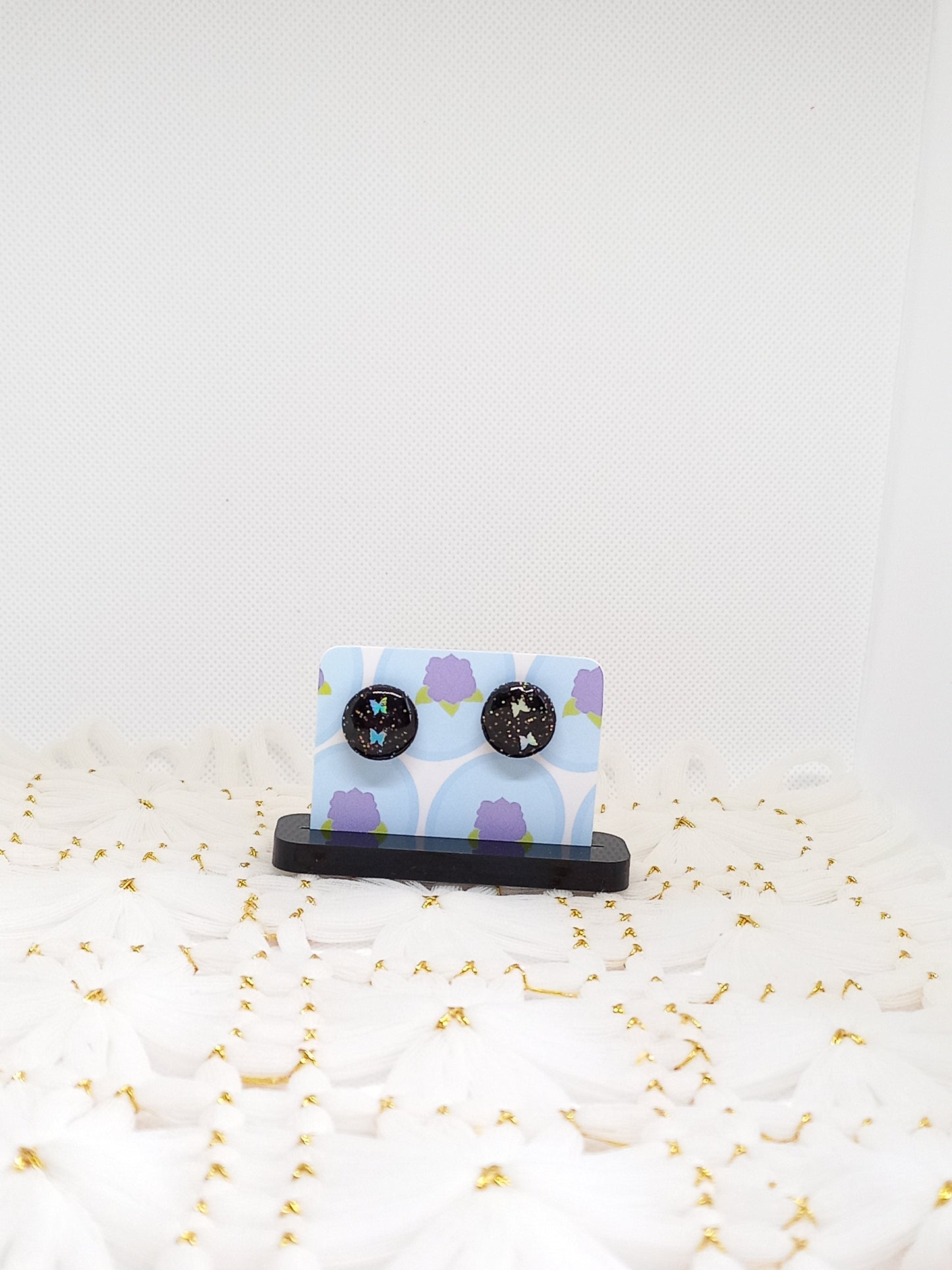 Black Glittery with Butterfly Stud Earrings | Sparkles Collection