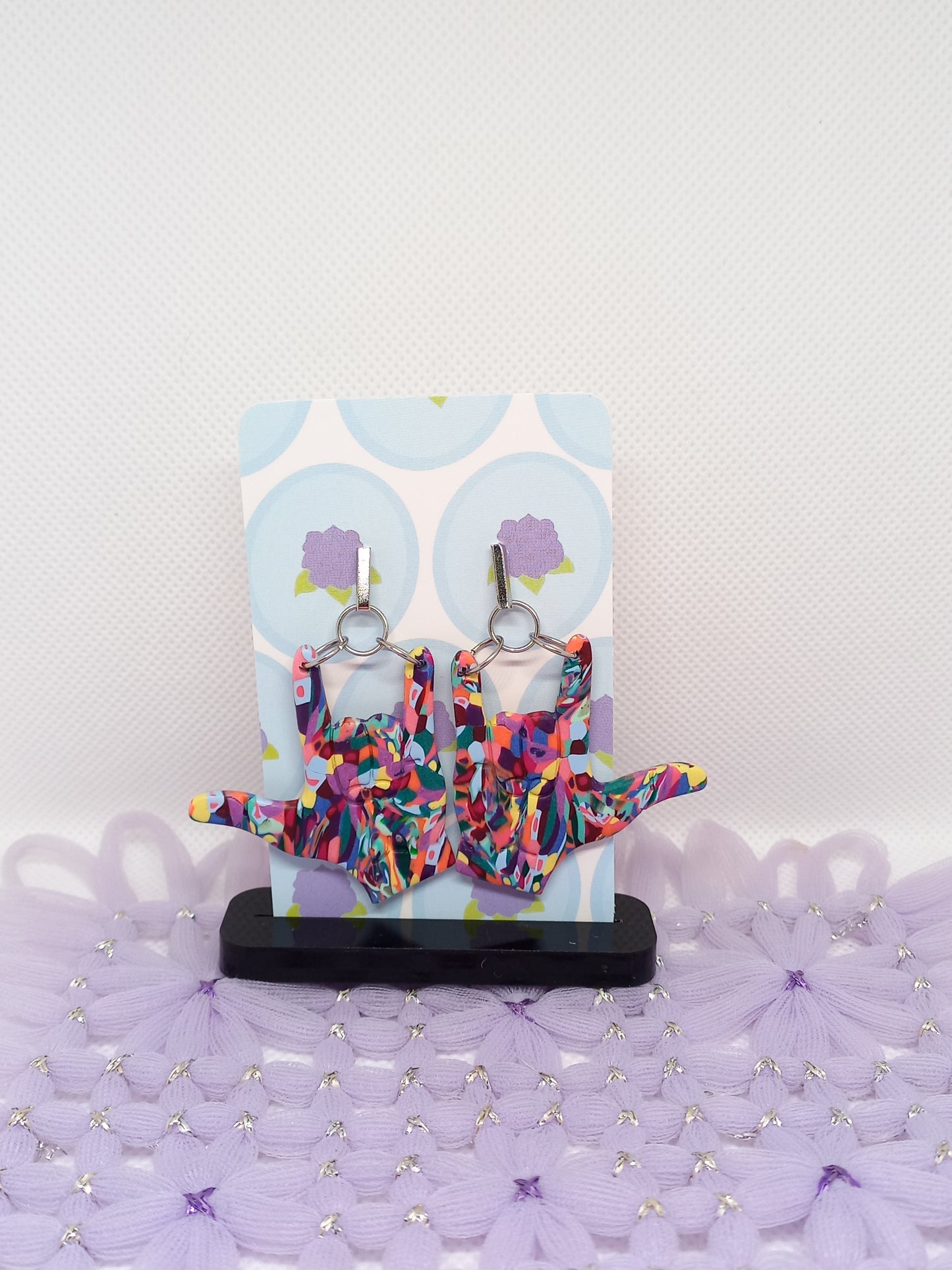 Multi Coloured I Love You Sign Language Earrings | Deaf Awareness