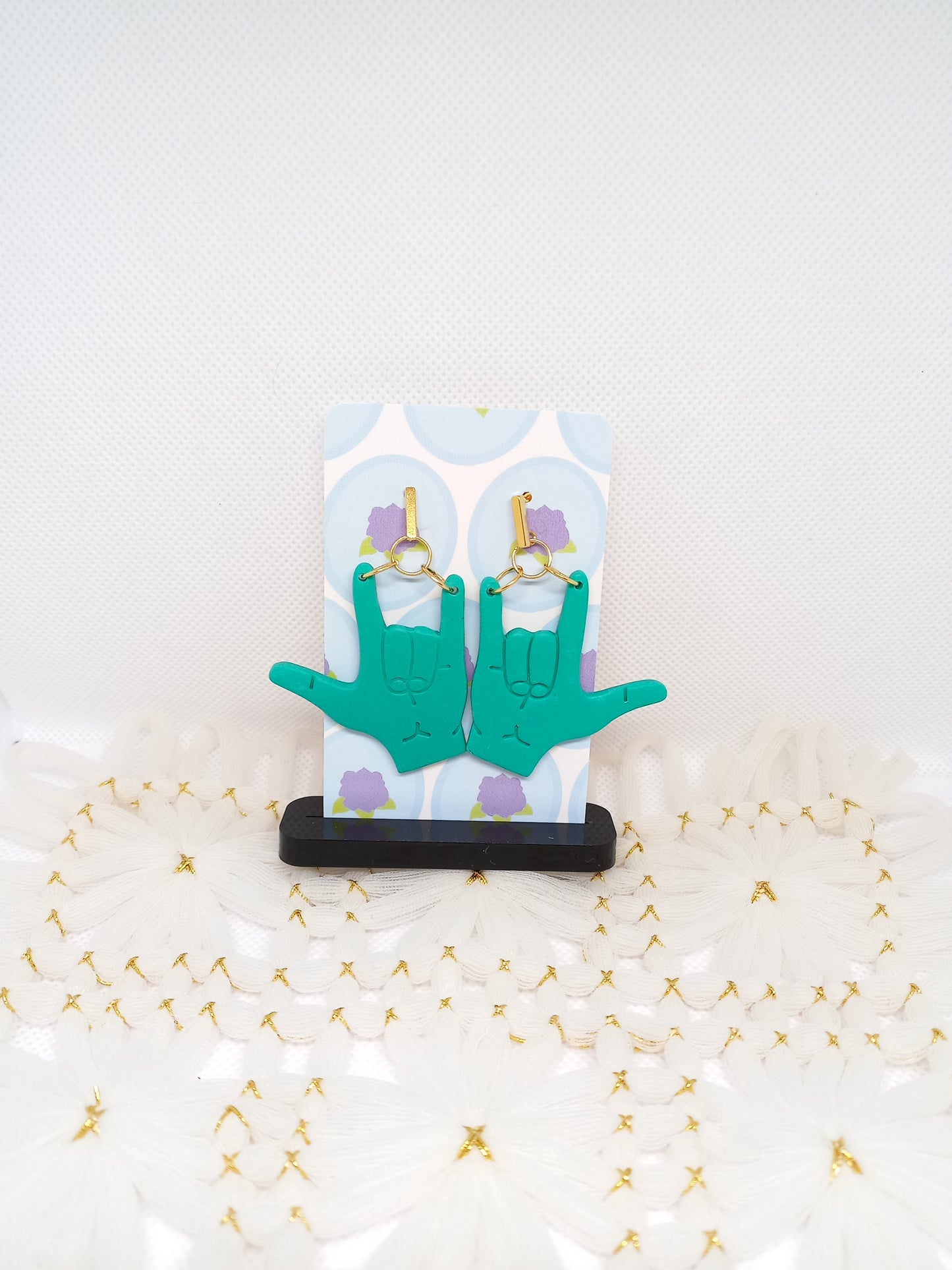 Green I Love You Sign Language Earrings | Deaf Awareness