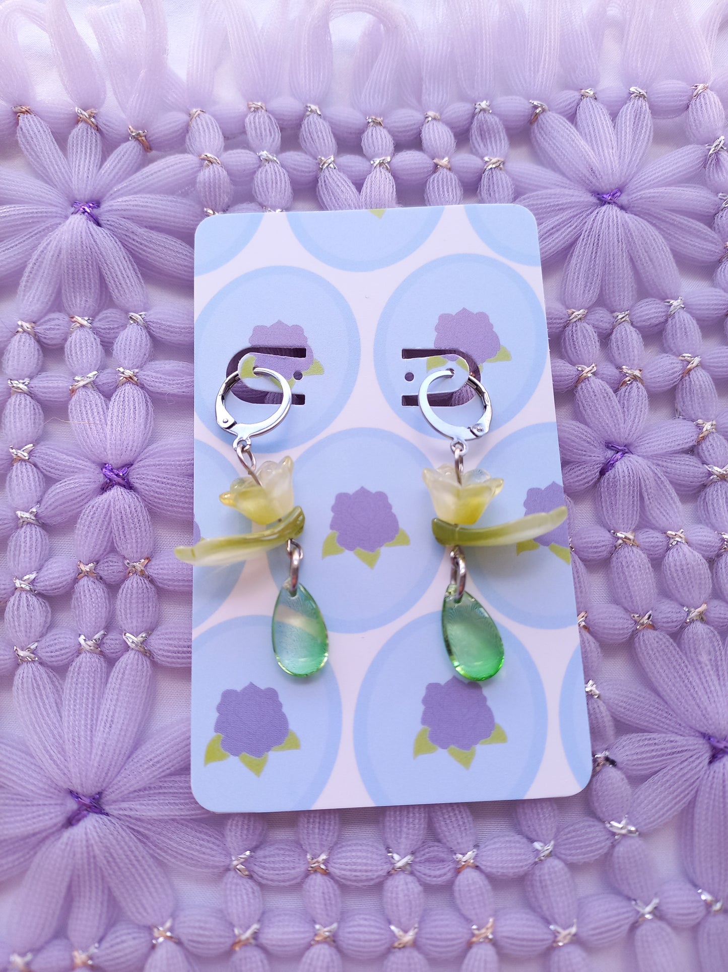 Green Floral Teardrop Huggie Earrings | One of a Kind