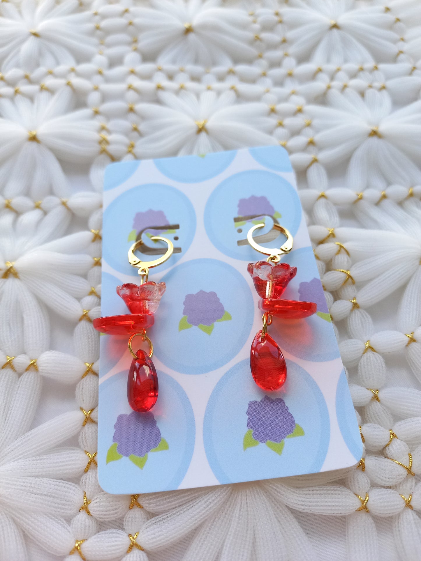 Red Floral Teardrop Huggie Earrings | One of a Kind