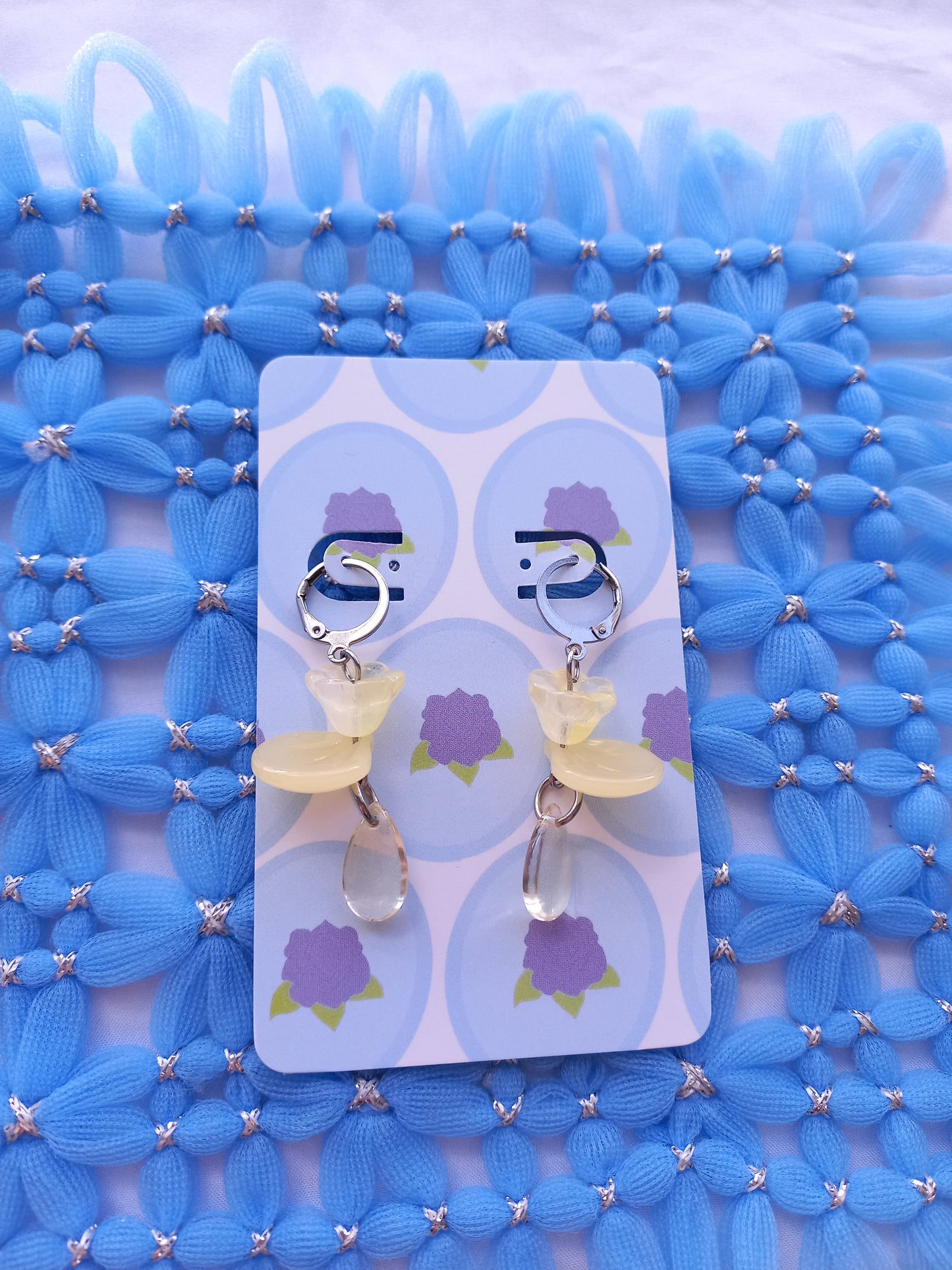 Pastel Yellow Floral Teardrop Huggie Earrings | One of a Kind