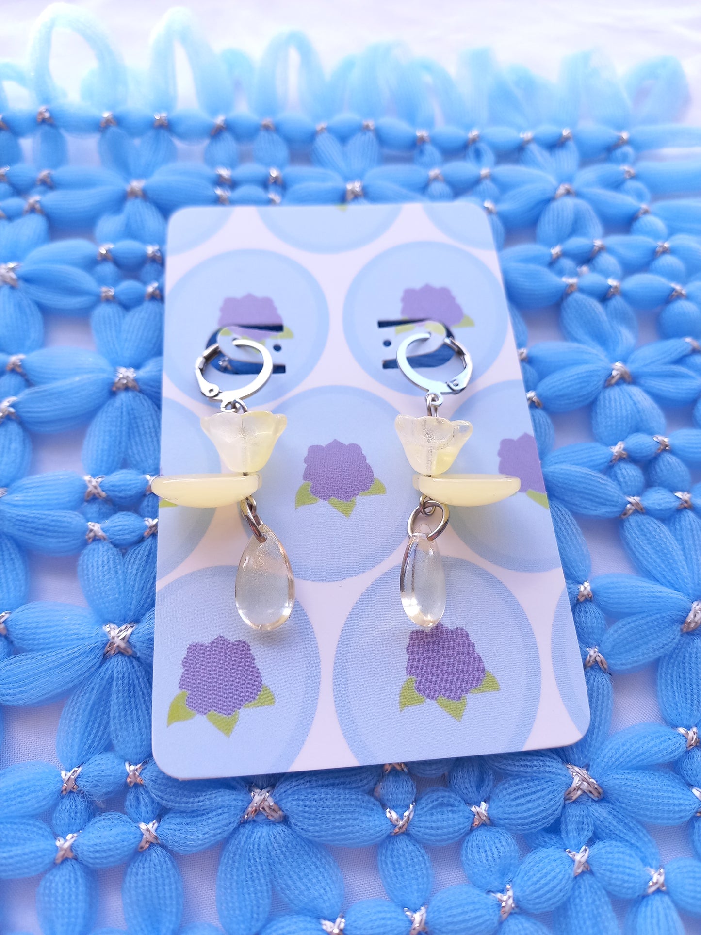 Pastel Yellow Floral Teardrop Huggie Earrings | One of a Kind