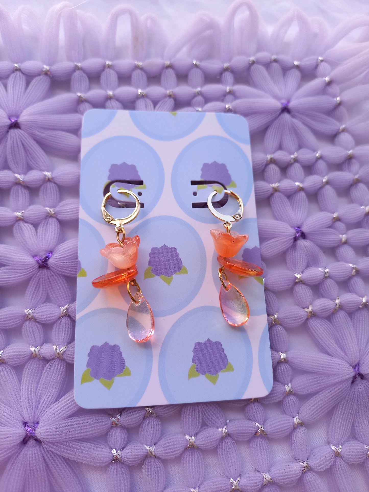 Orange Floral Teardrop Huggie Earrings | One of a Kind