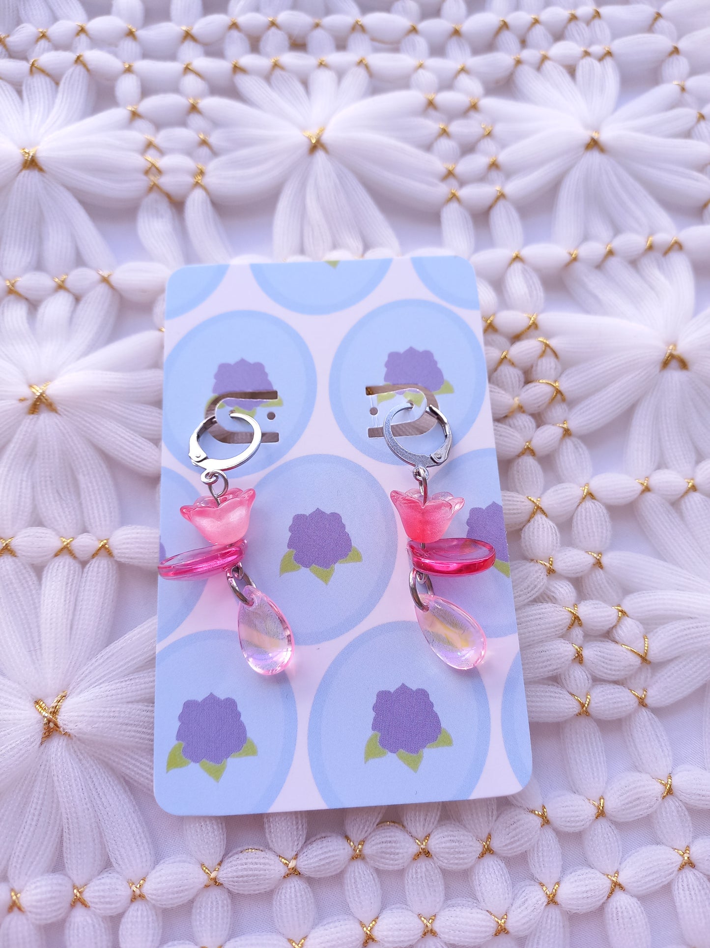 Hot Pink Floral Teardrop Huggie Earrings | One of a Kind