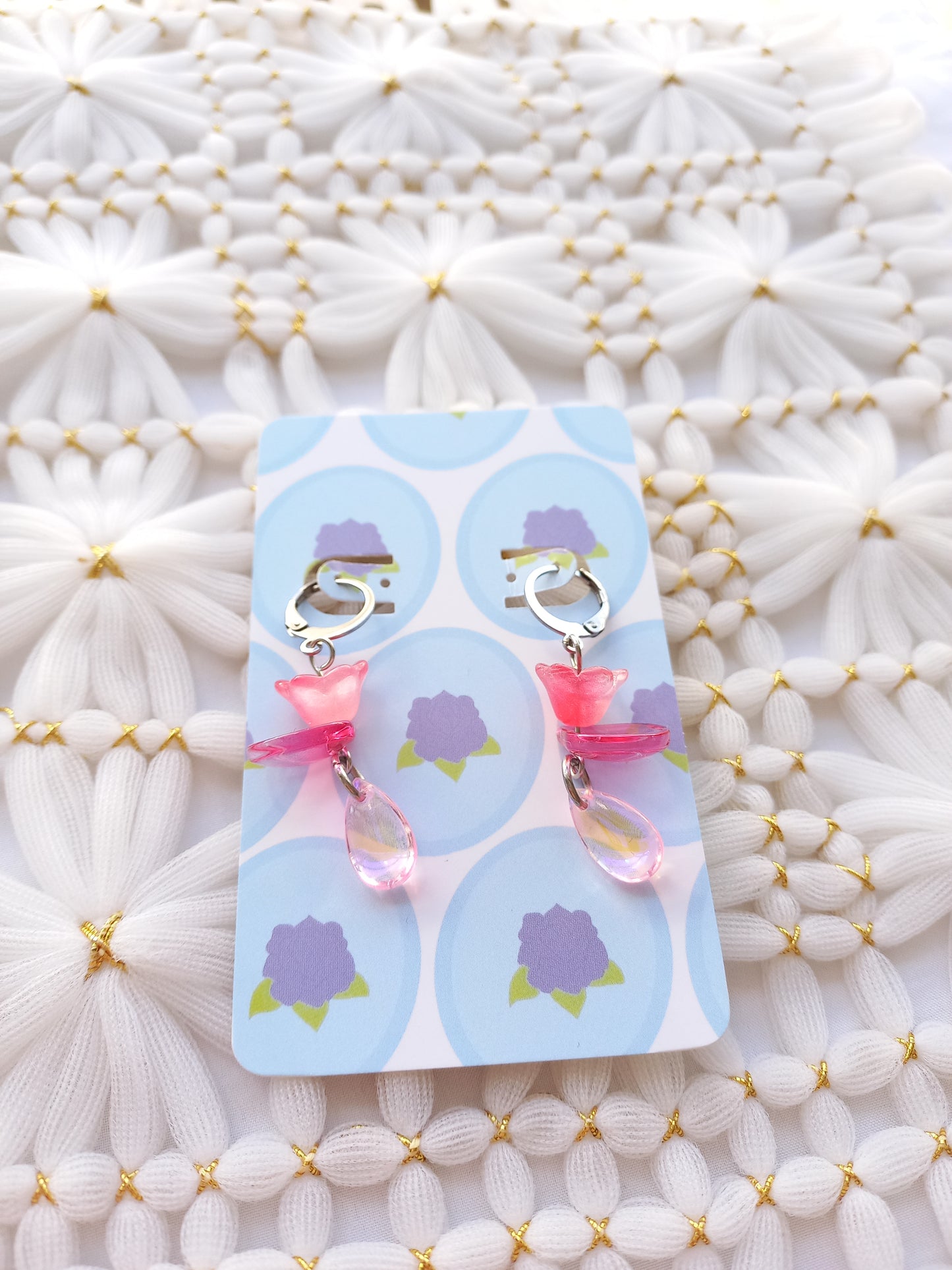 Hot Pink Floral Teardrop Huggie Earrings | One of a Kind