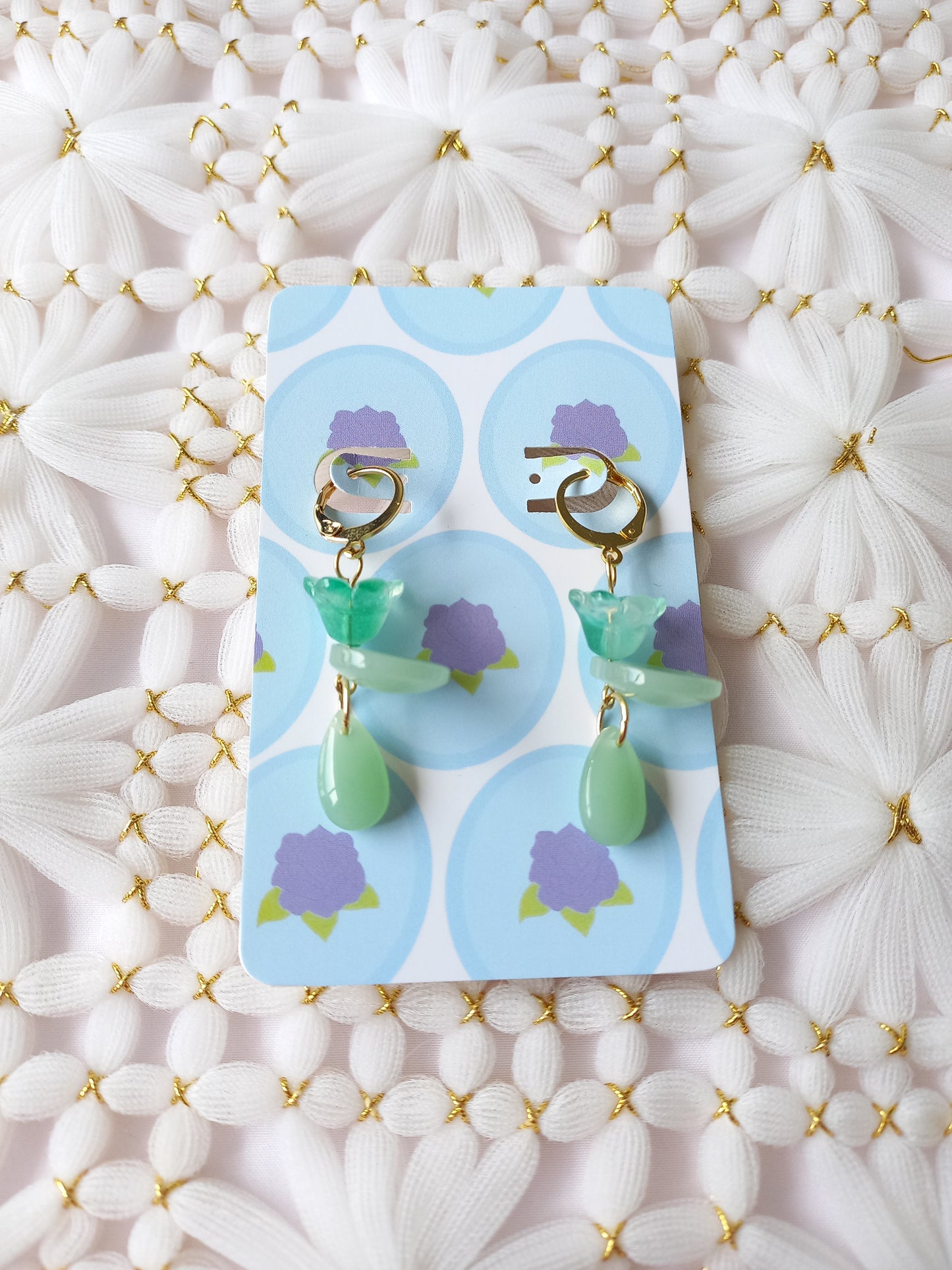 Mint Green Floral Teardrop Huggie Earrings | One of a Kind