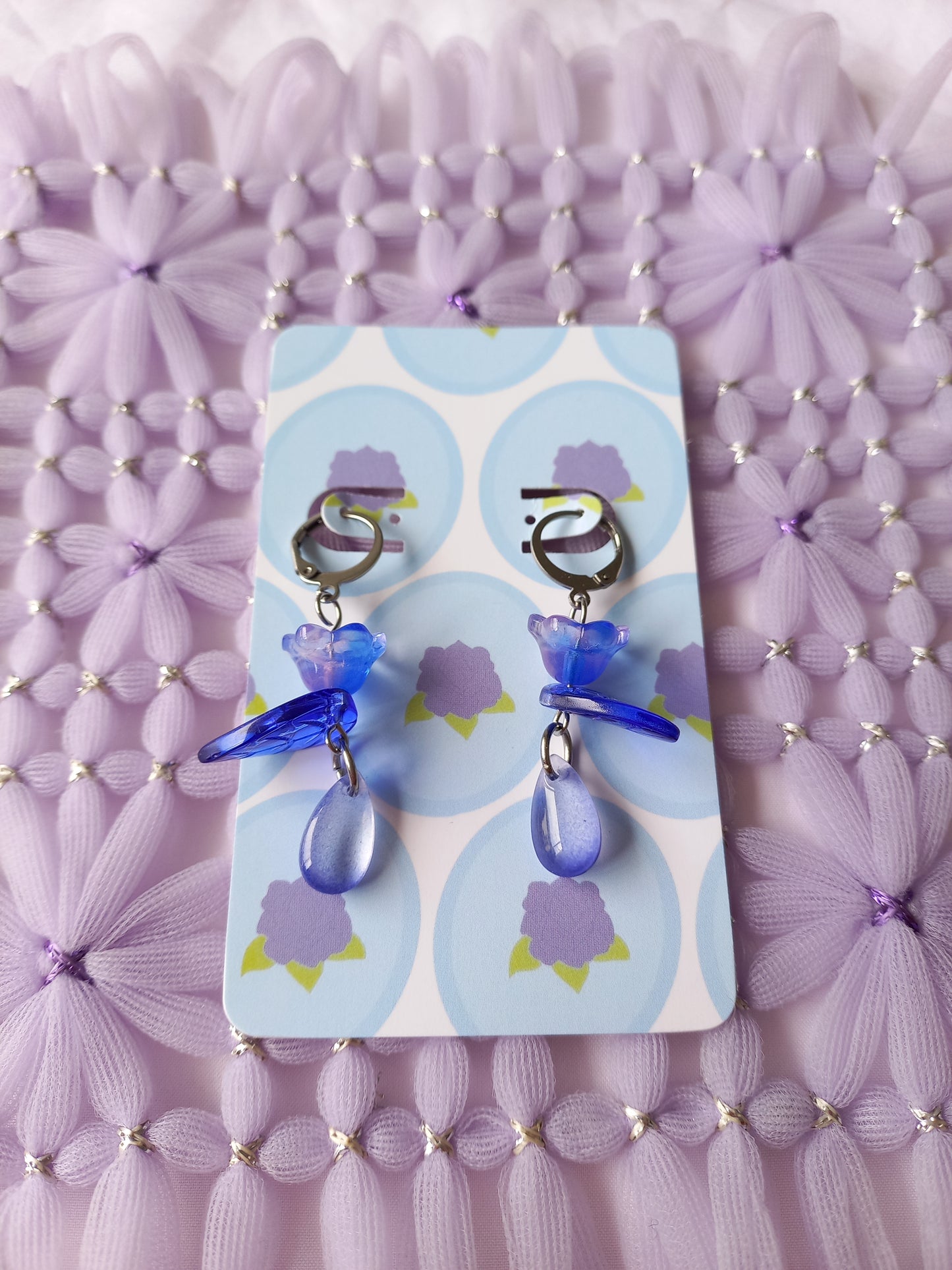 Blue Floral Teardrop Huggie Earrings | One of a Kind