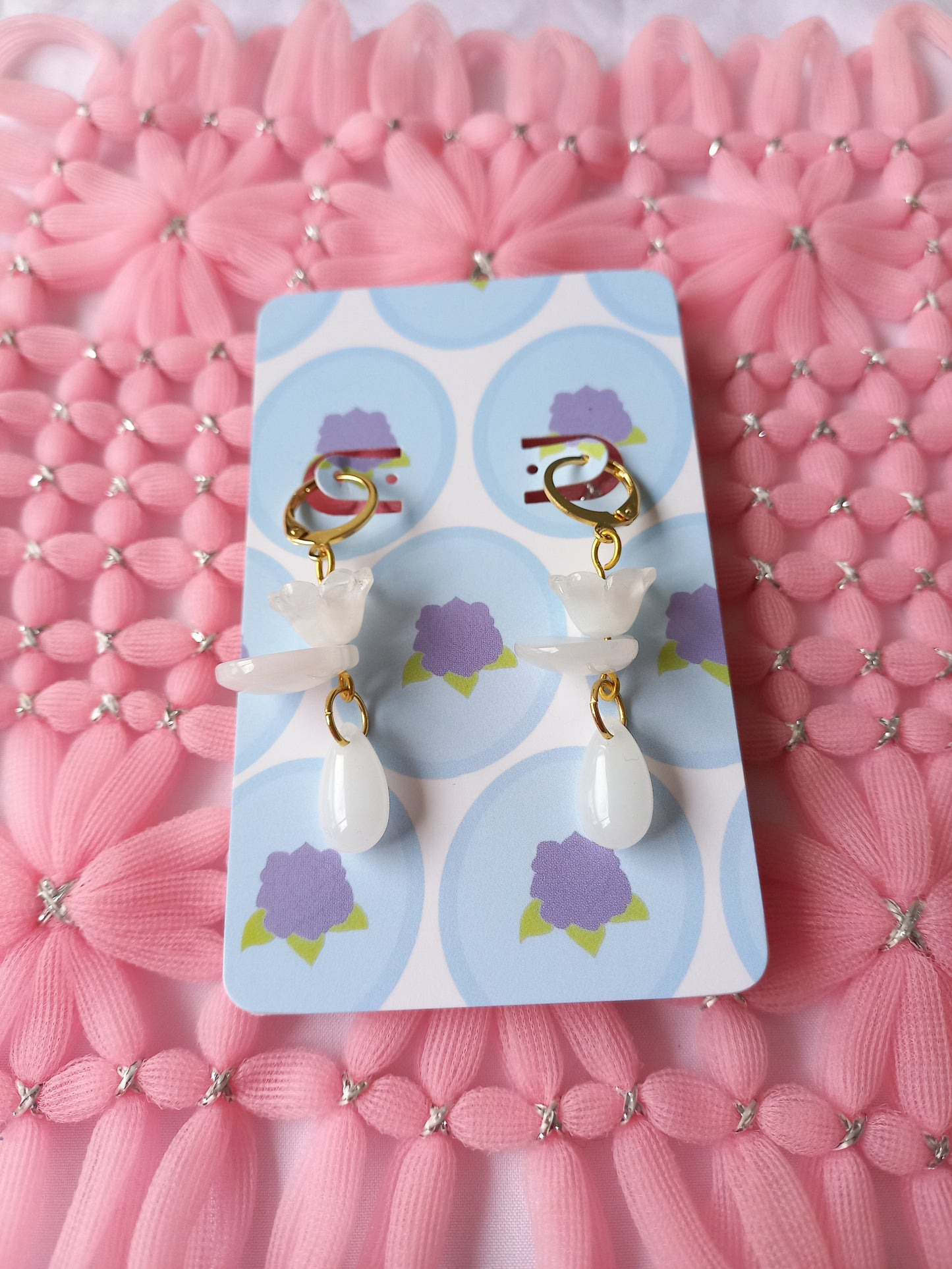 White Floral Teardrop Huggie Earrings | One of a Kind