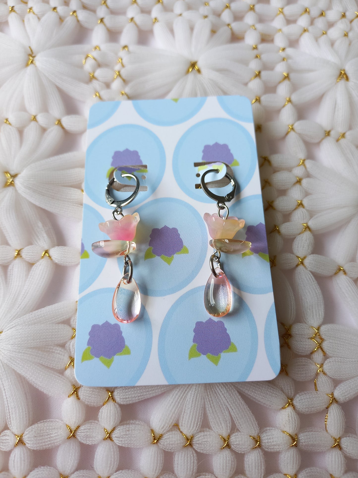 Pink & Yellow Floral Teardrop Huggie Earrings | One of a Kind