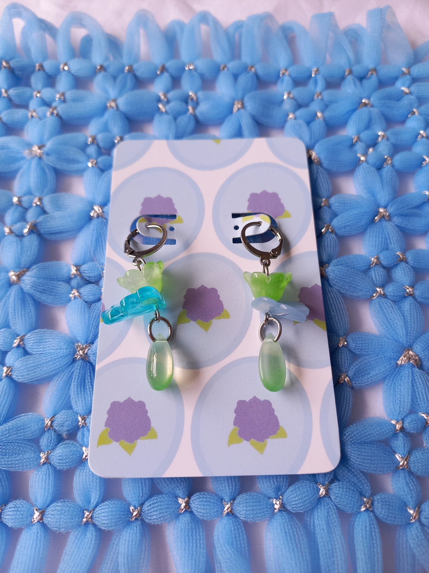 Green & Blue Floral Teardrop Huggie Earrings | One of a Kind