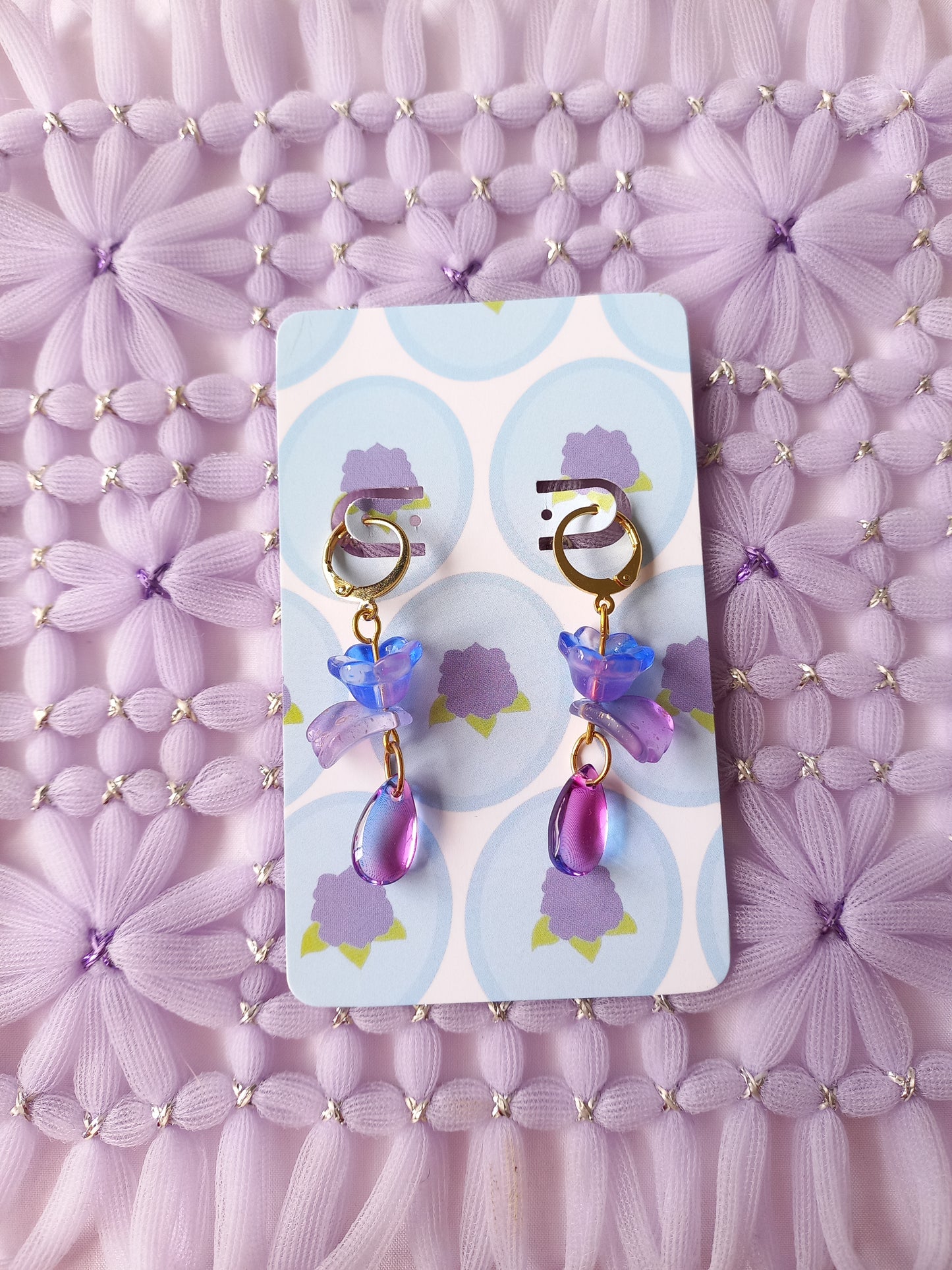 Blue & Purple Floral Teardrop Huggie Earrings | One of a Kind