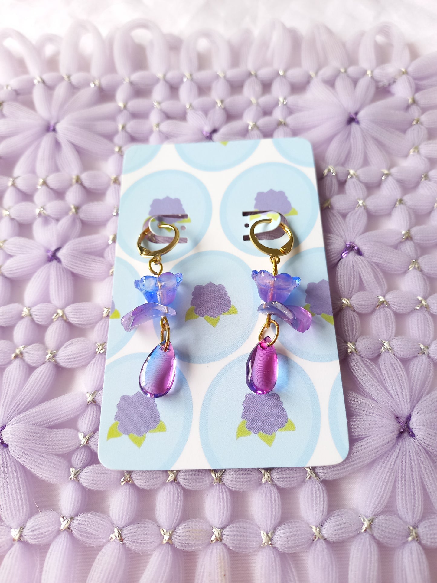 Blue & Purple Floral Teardrop Huggie Earrings | One of a Kind