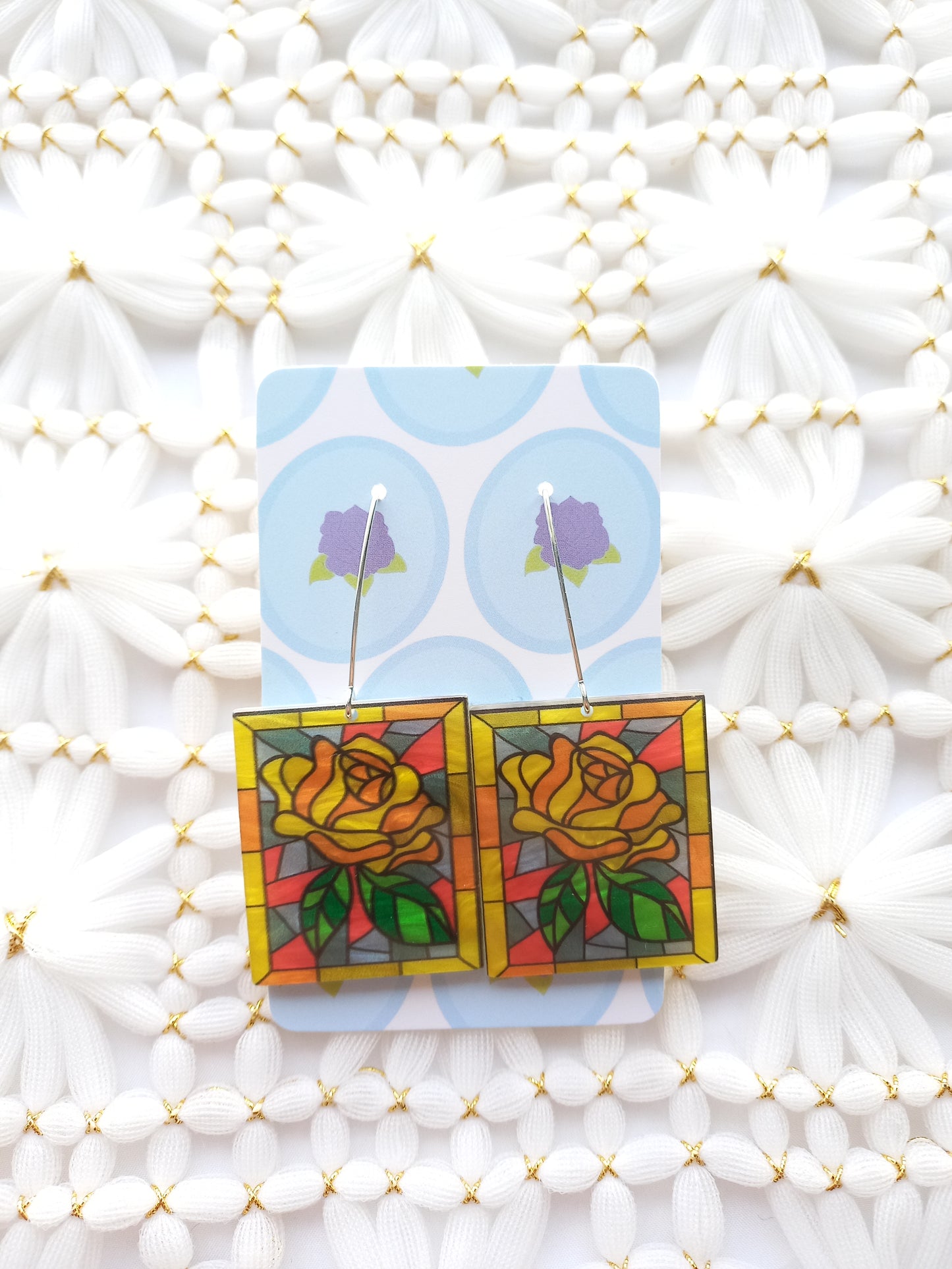 Yellow Rose Stained Glass Earrings | Flower Power