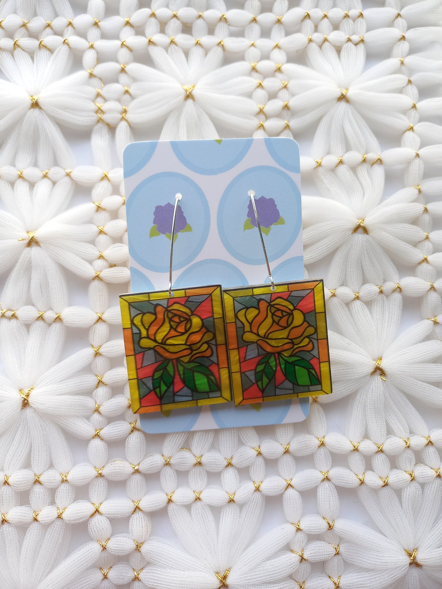 Yellow Rose Stained Glass Earrings | Flower Power