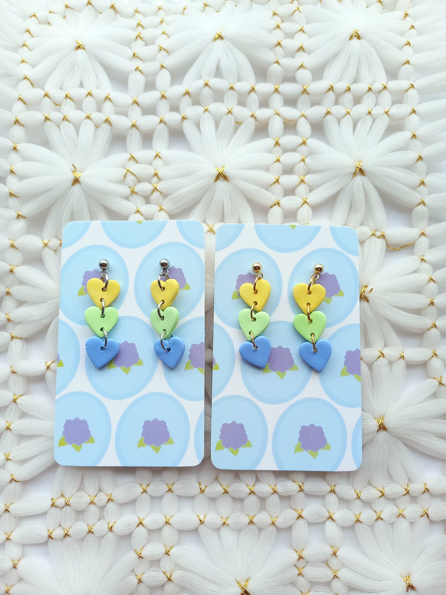 Yellow, Green & Blue Heart Chain Earrings | Love Collection