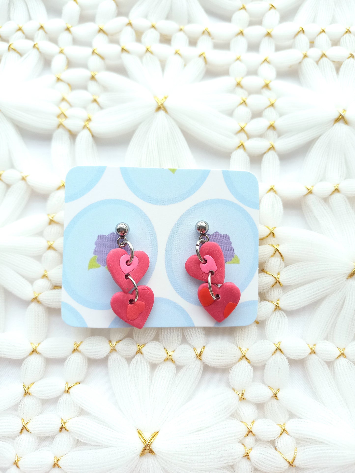 Heart Patterned Pink Heart Chain Earrings | Love Collection