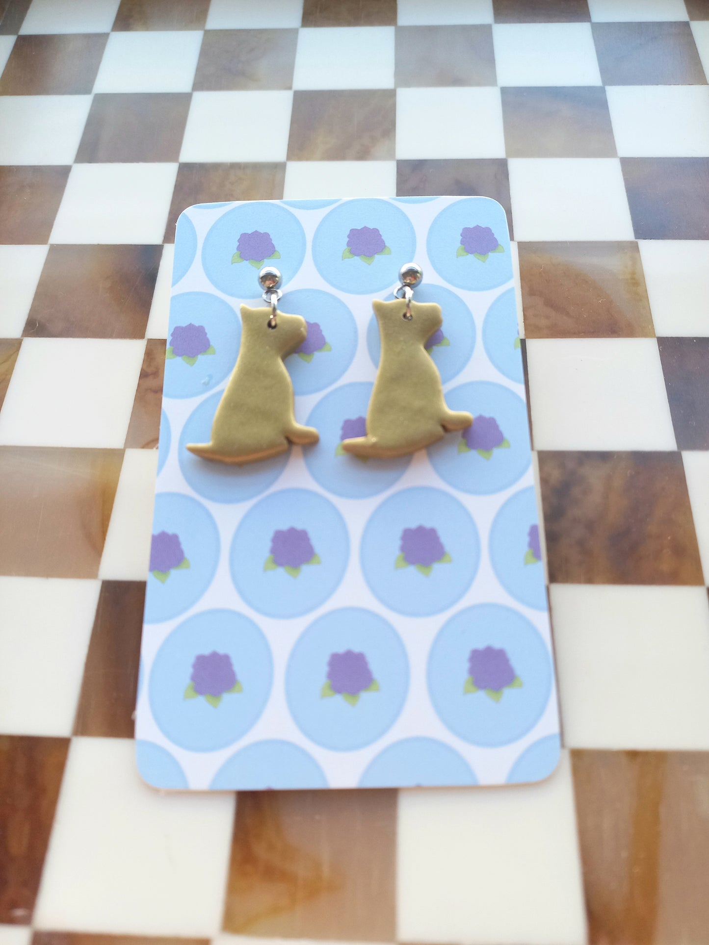 Golden Shimmery Dog Earrings