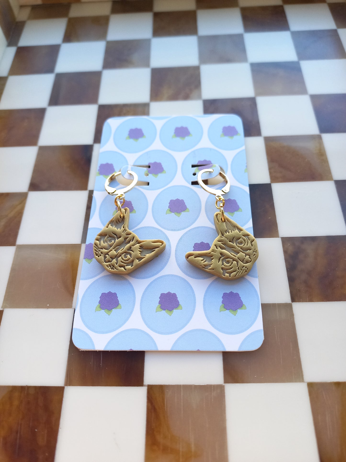 Golden Shimmery Cat Earrings