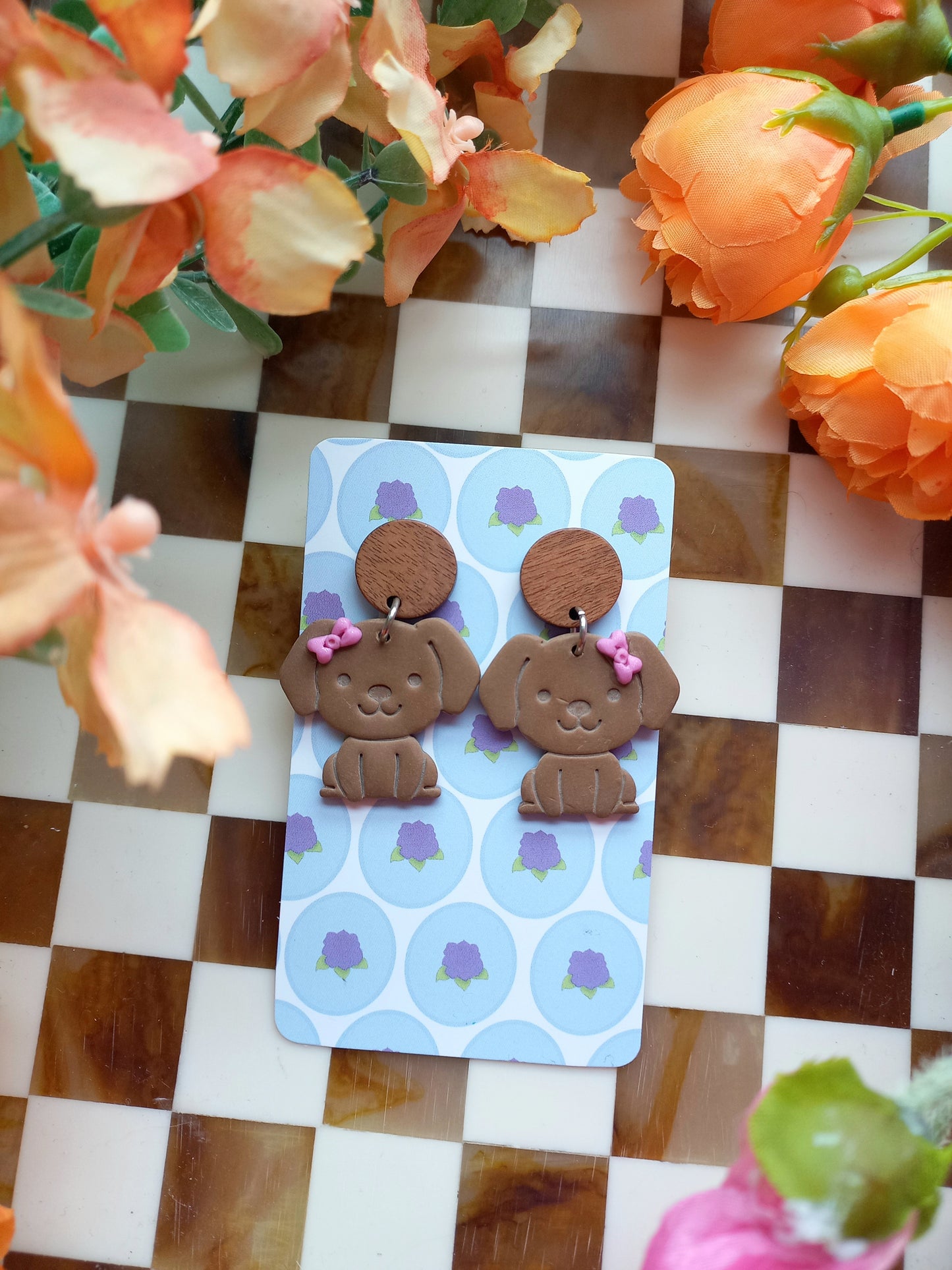 Brown Dog Bow Earrings