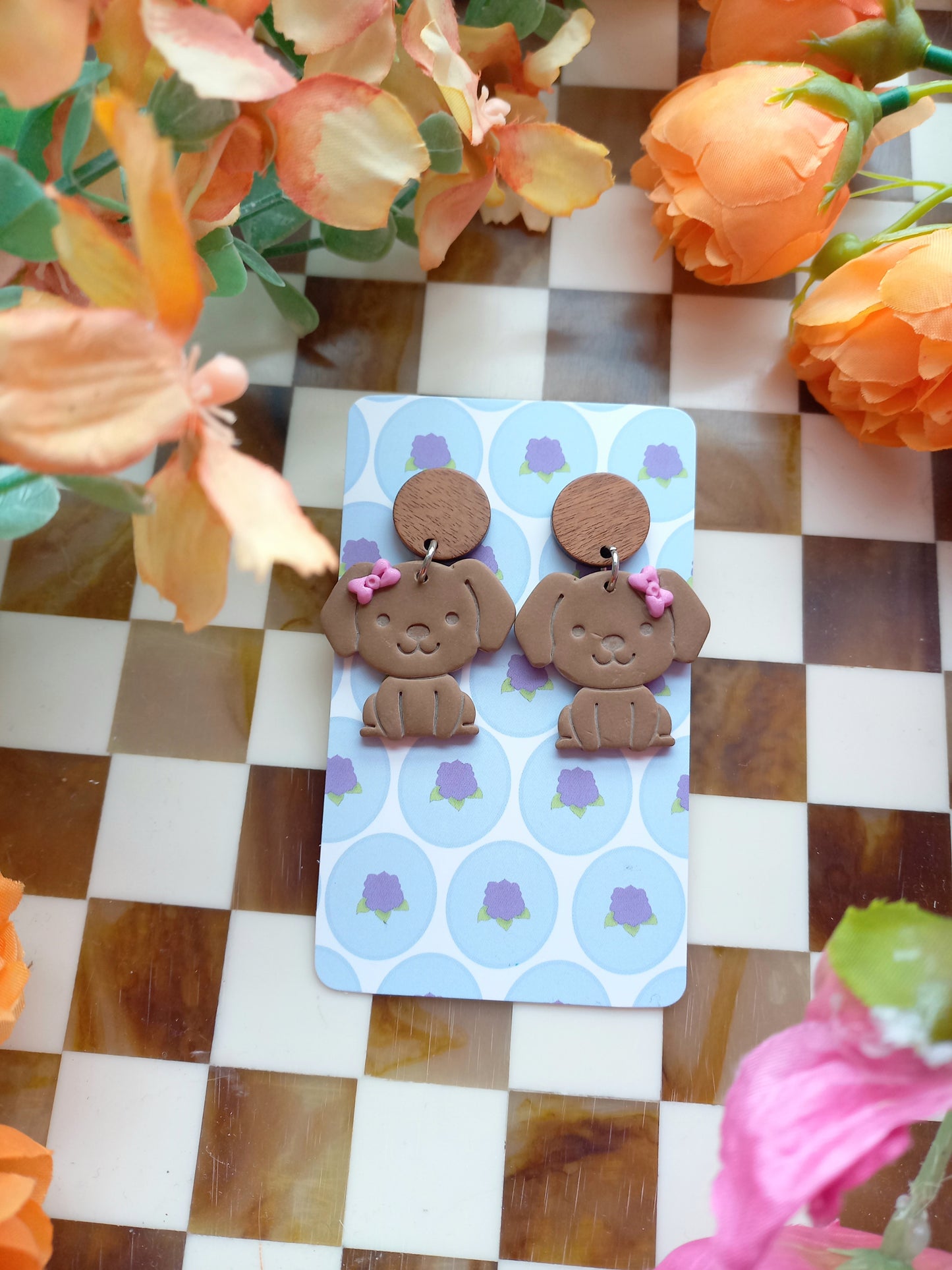 Brown Dog Bow Earrings