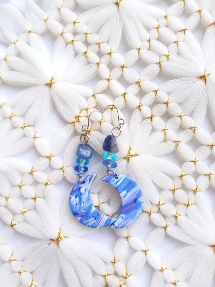 Blue & Purple Marbled Moon Earrings | Blue Marbled Collection