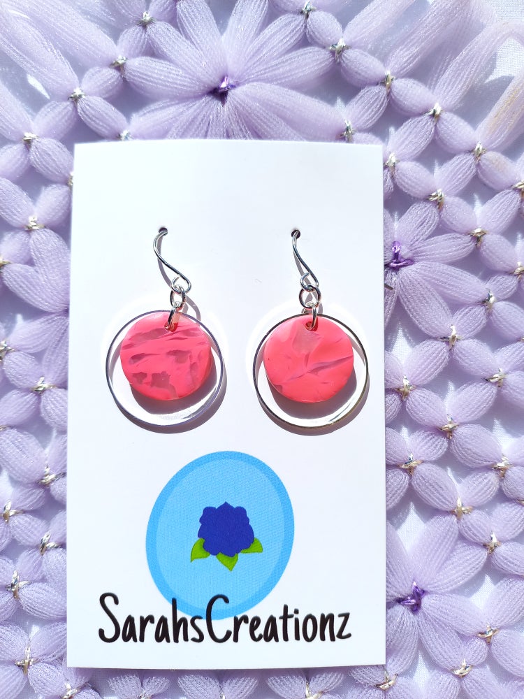 Pink Marbled Round Silver Earrings | Marbled Collection