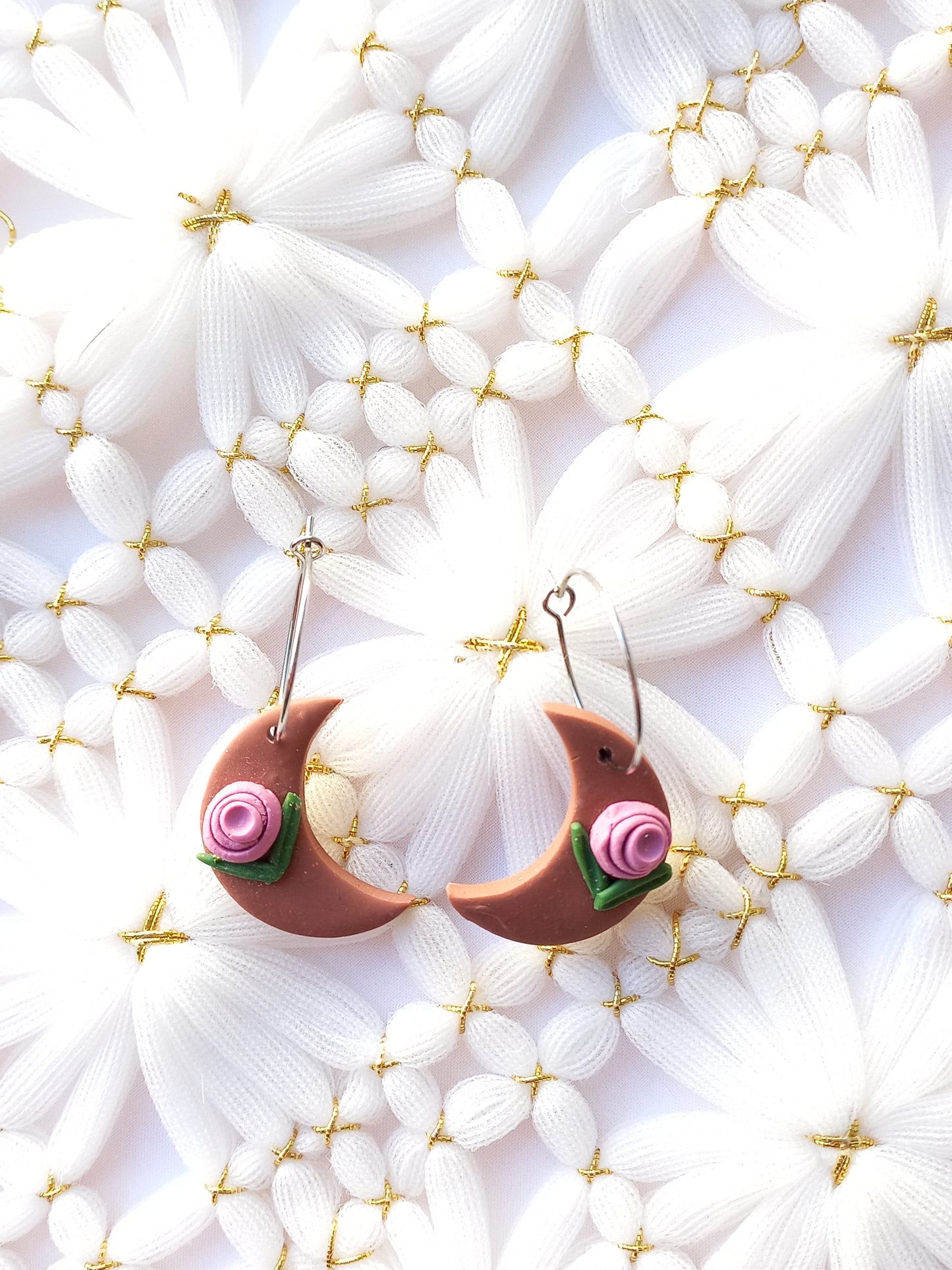 Light Brown Floral Moon Hoops | Celestial Collection