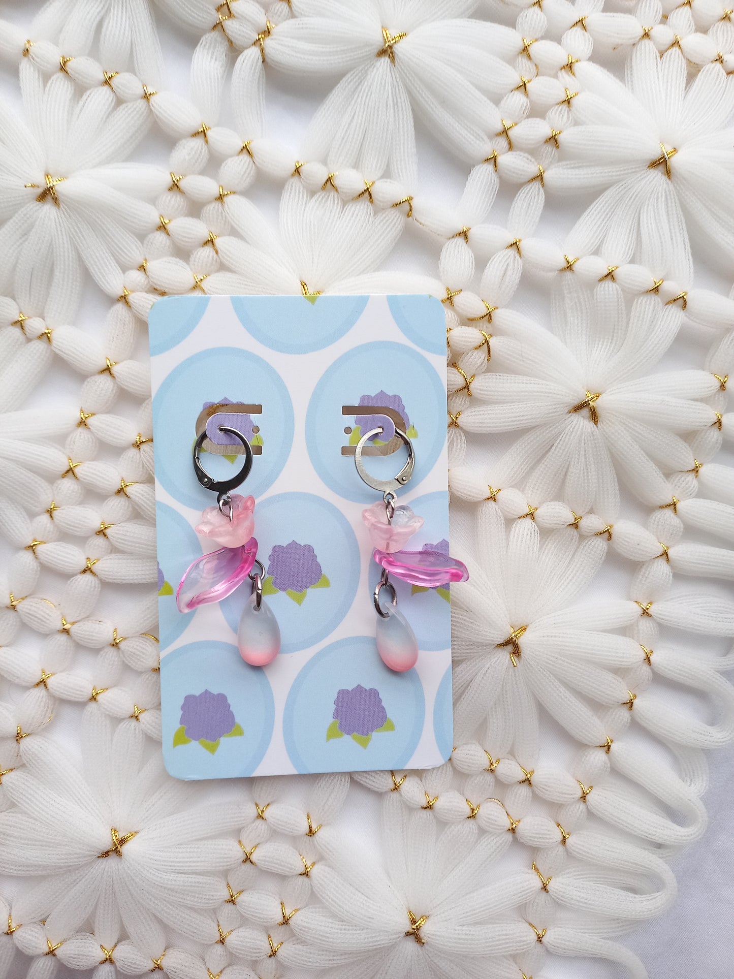 Pink Flower Teardrop Huggie Earrings | One of a Kind