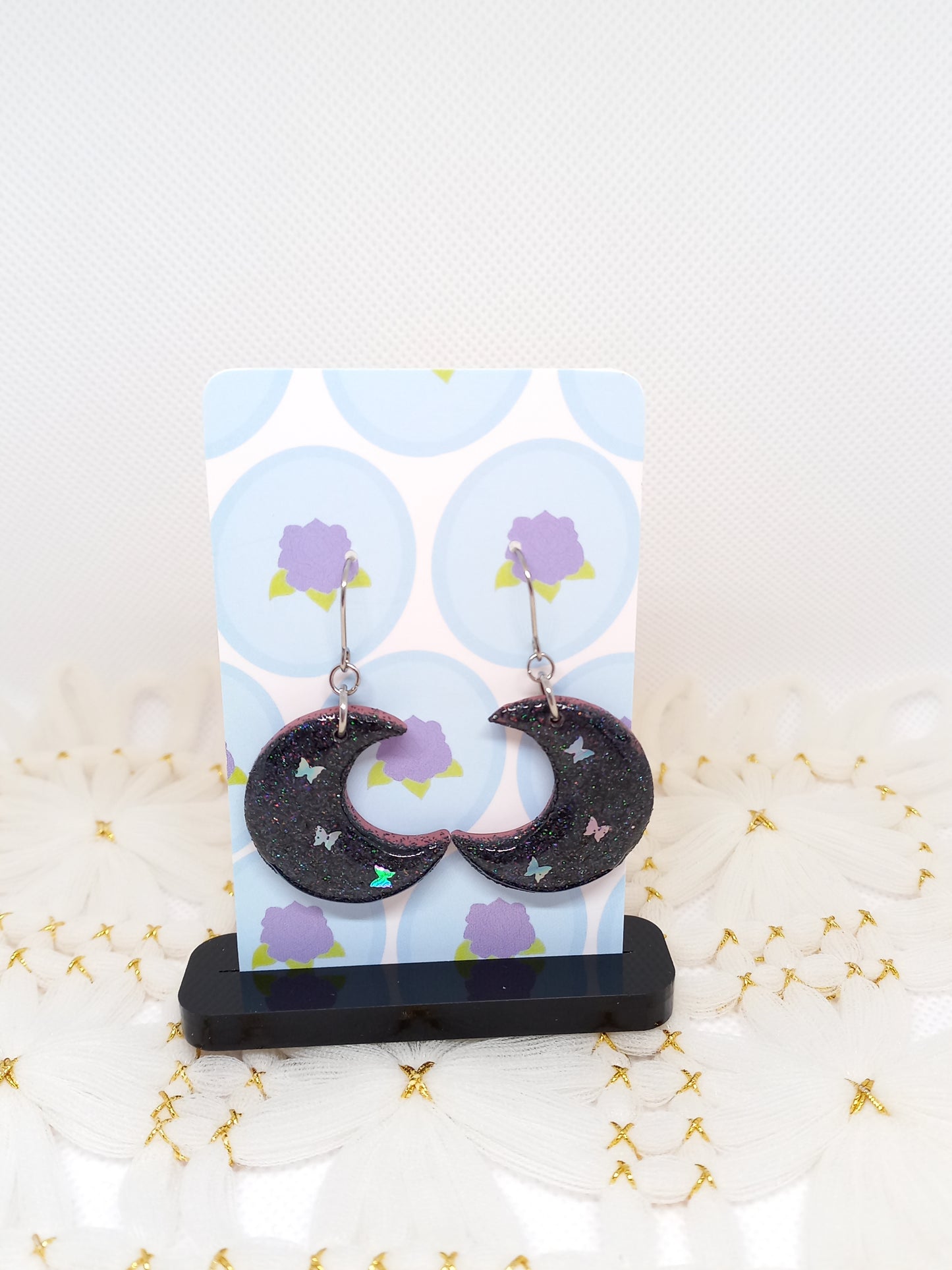 Dark Blue Glittery Moon Earrings | Sparkles Collection
