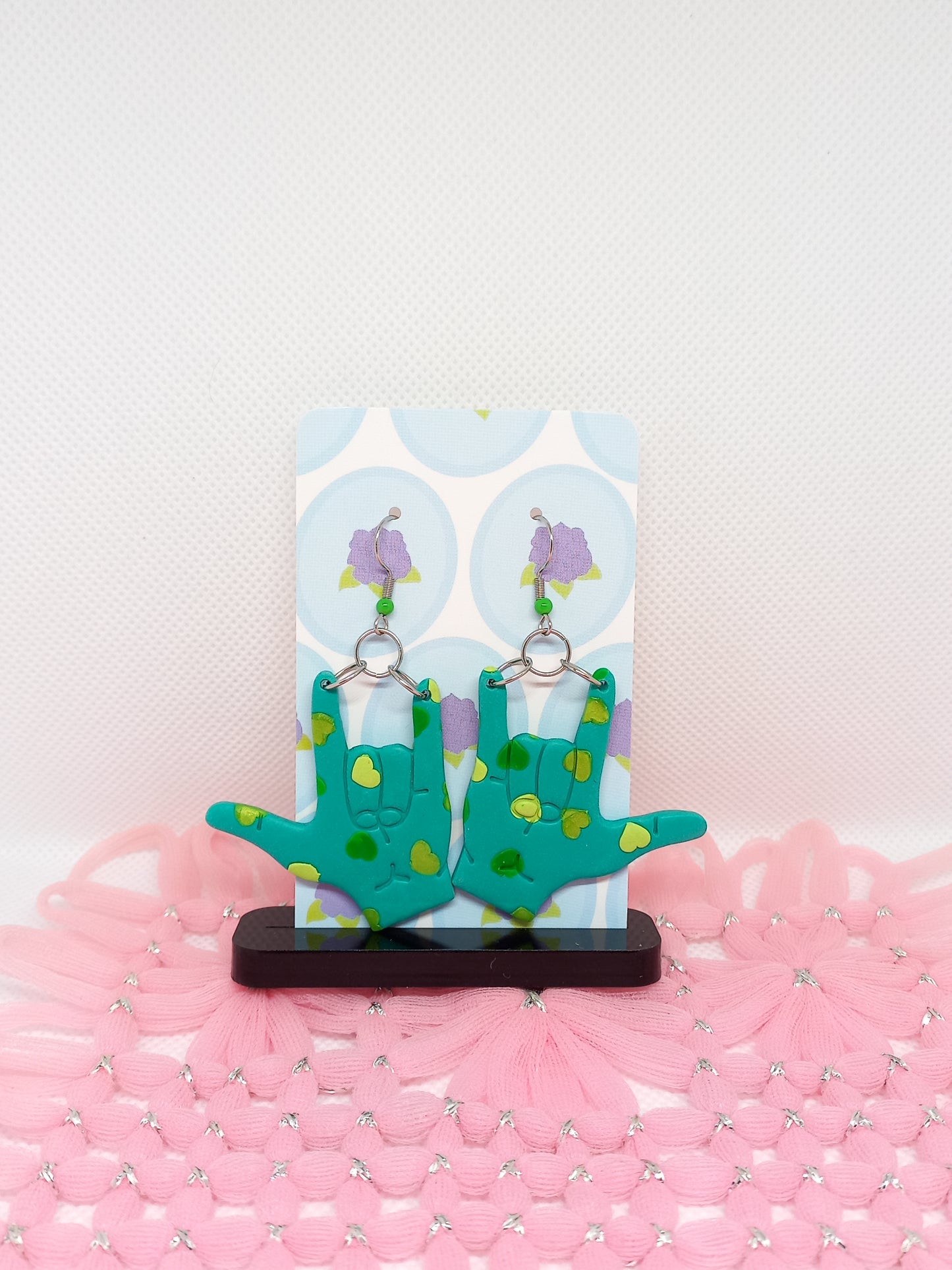 Green Heart I Love You Sign Language Earrings | Deaf Awareness