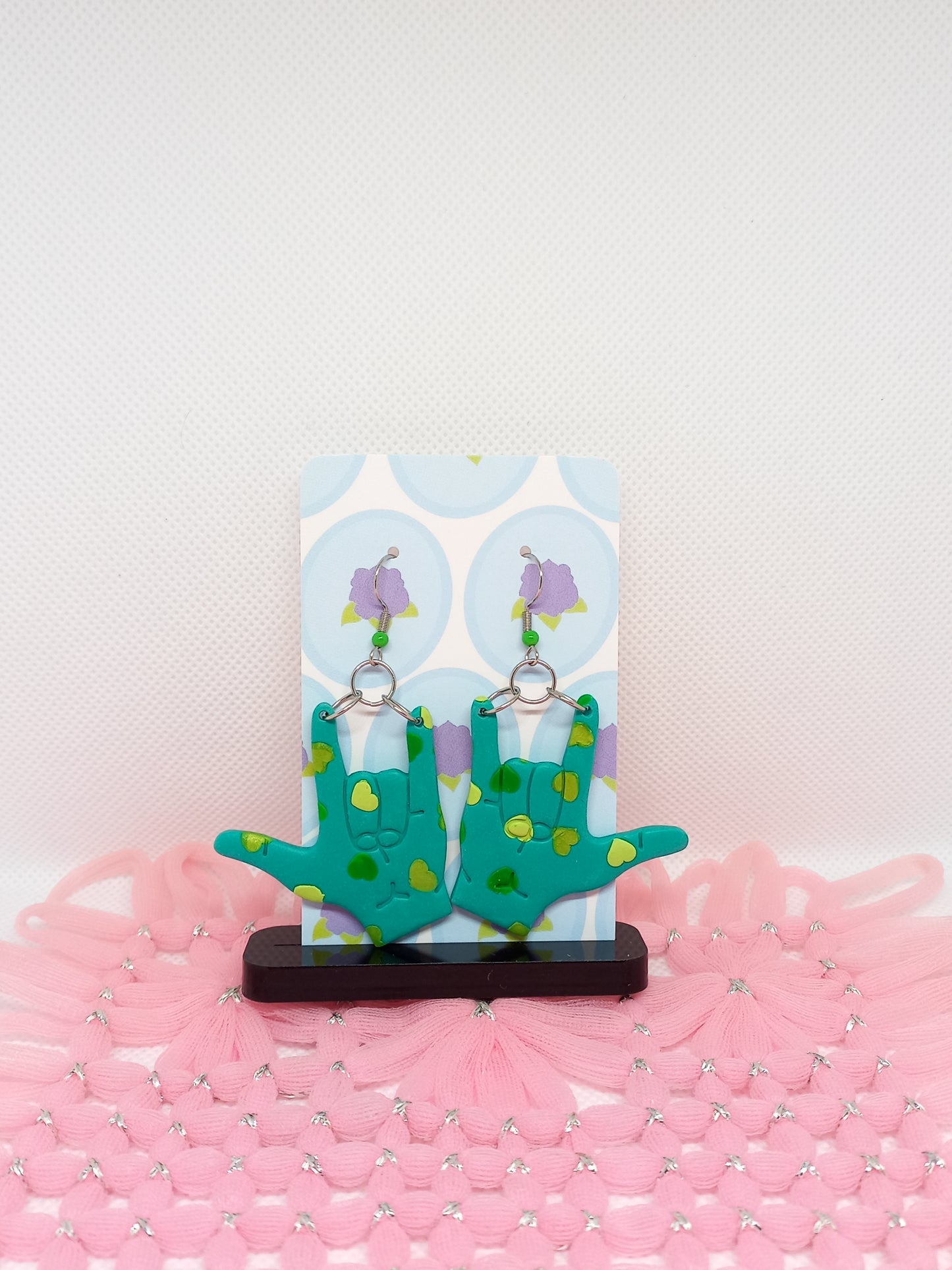 Green Heart I Love You Sign Language Earrings | Deaf Awareness