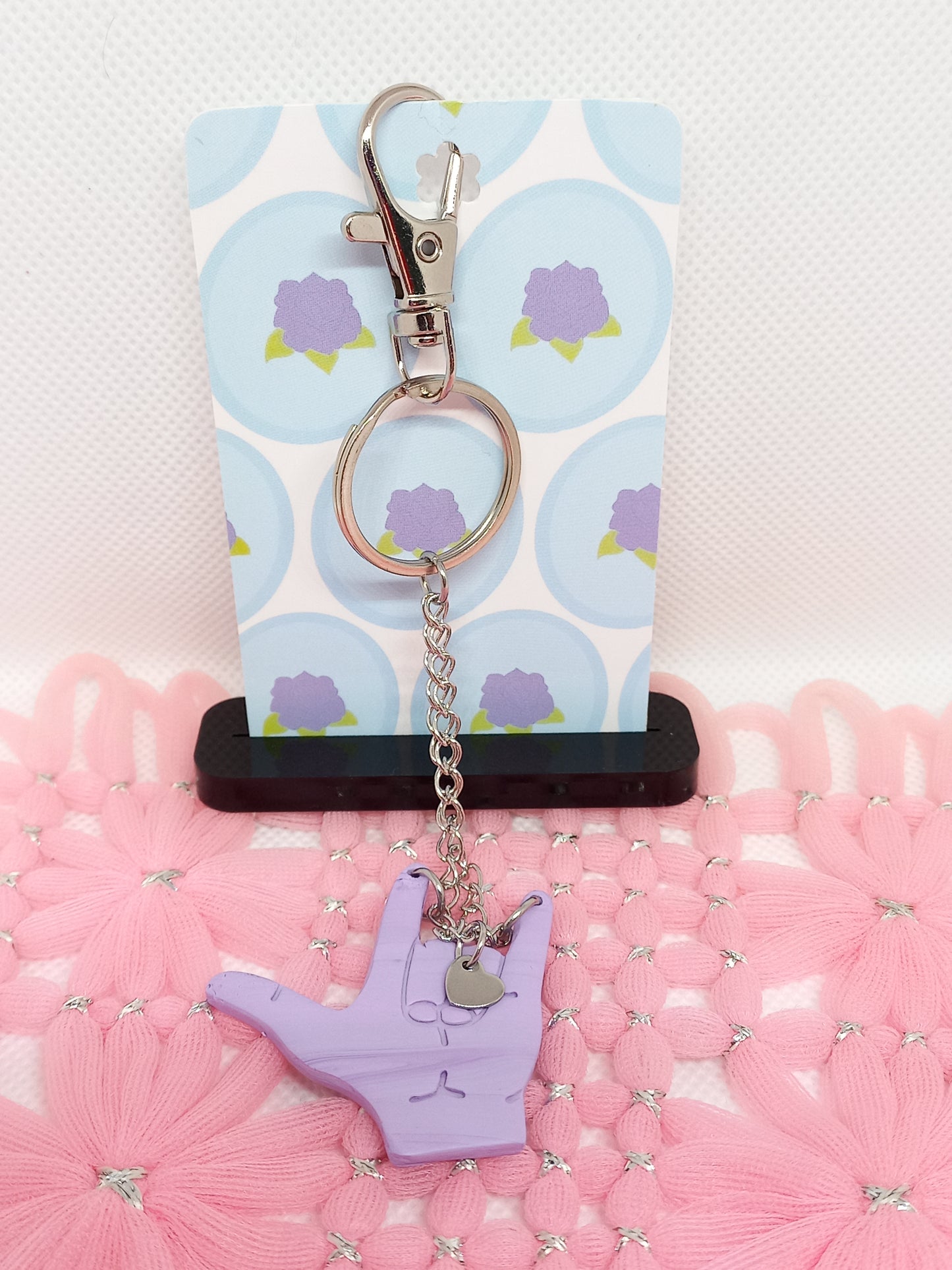 Lilac I Love You Sign Language Keyring | Deaf Awareness