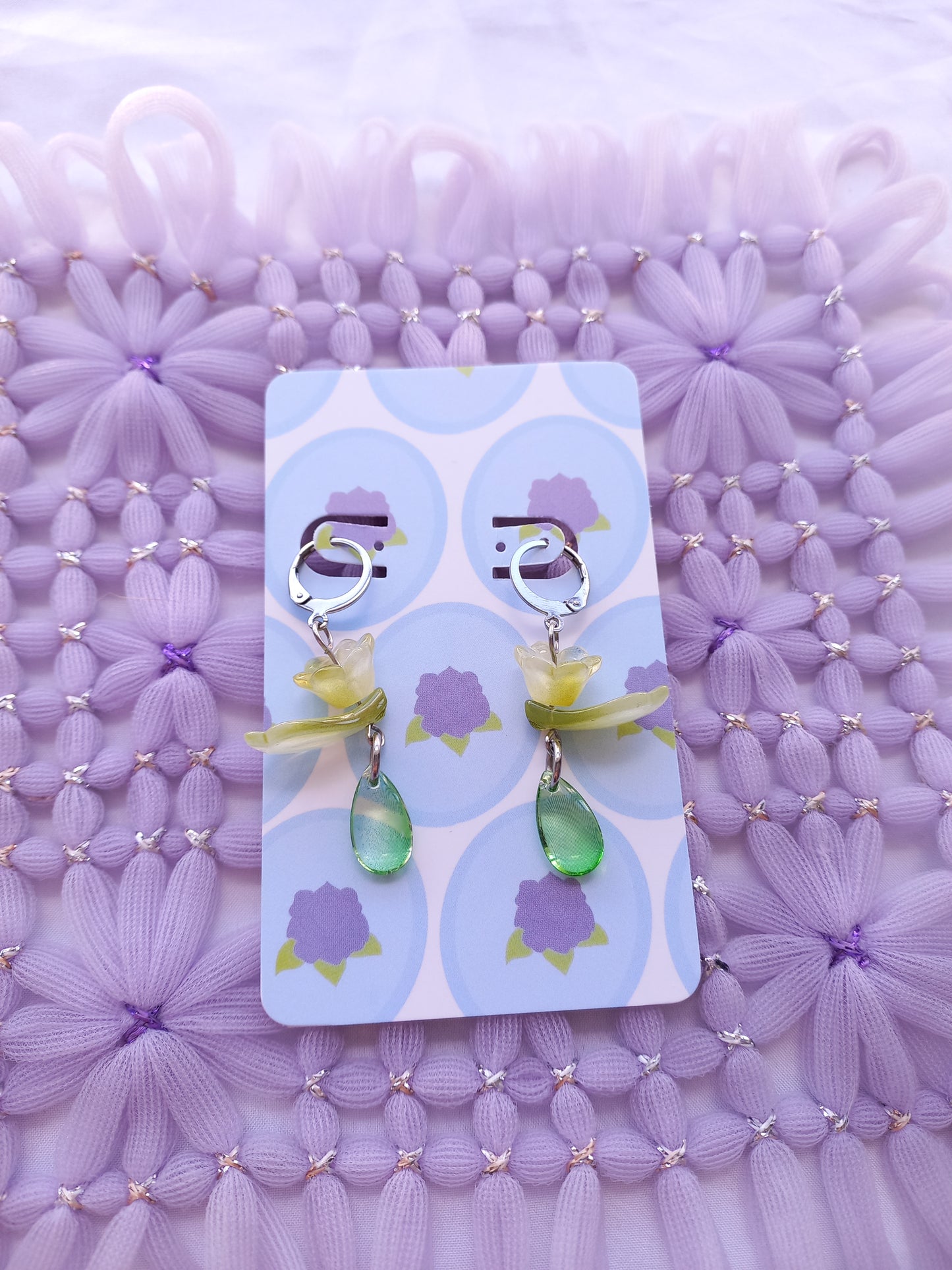Green Floral Teardrop Huggie Earrings | One of a Kind