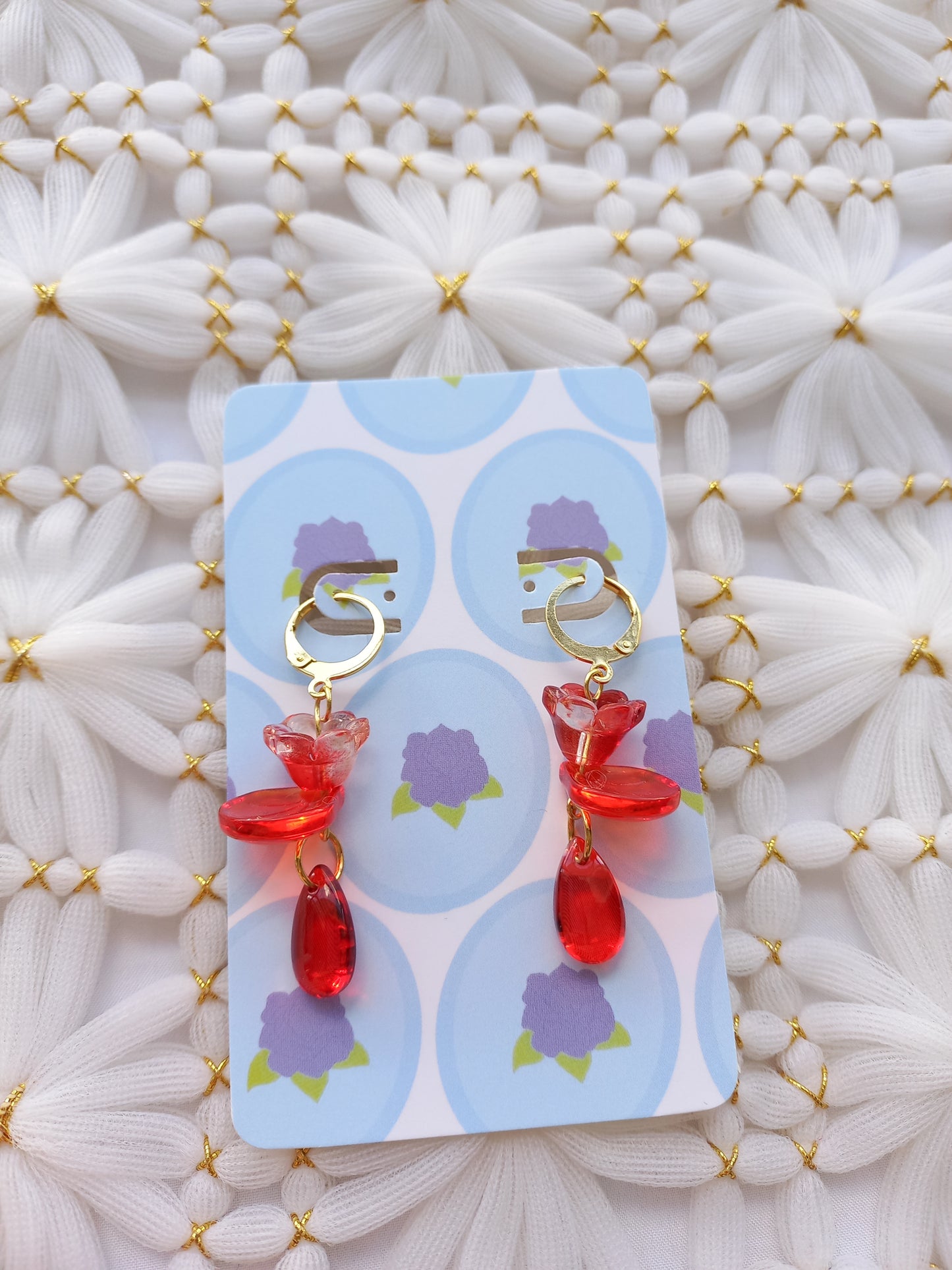 Red Floral Teardrop Huggie Earrings | One of a Kind