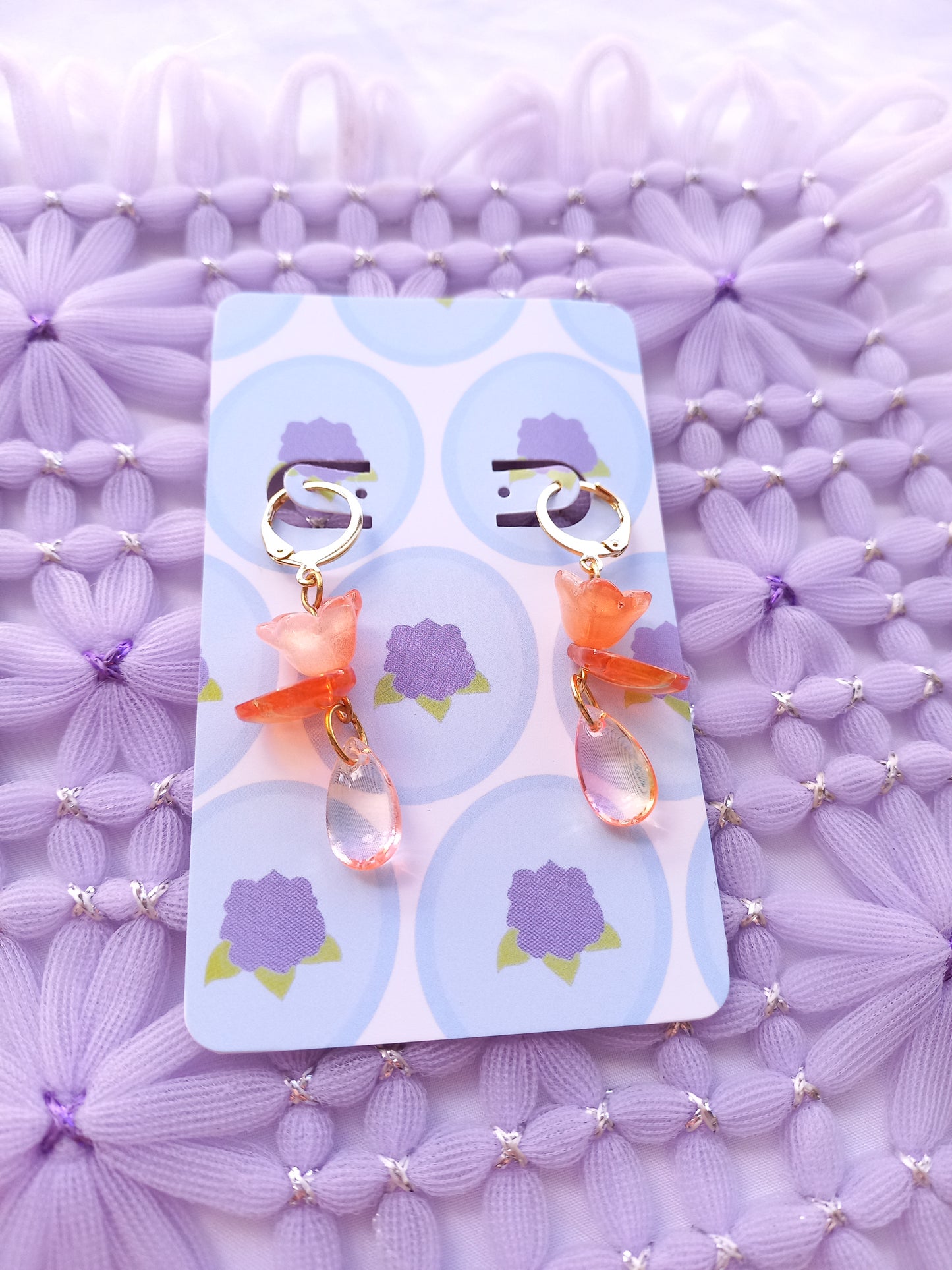 Orange Floral Teardrop Huggie Earrings | One of a Kind