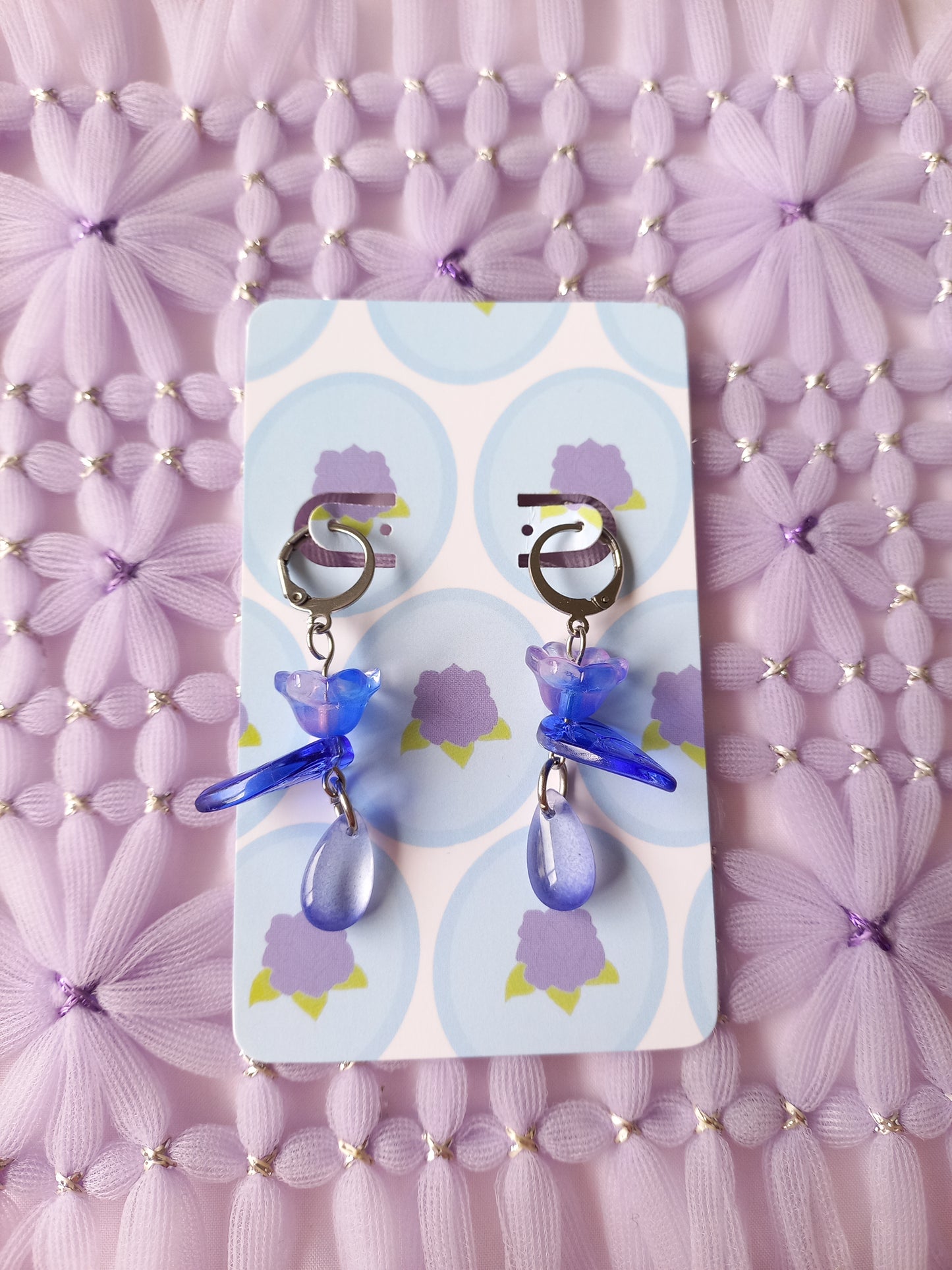 Blue Floral Teardrop Huggie Earrings | One of a Kind