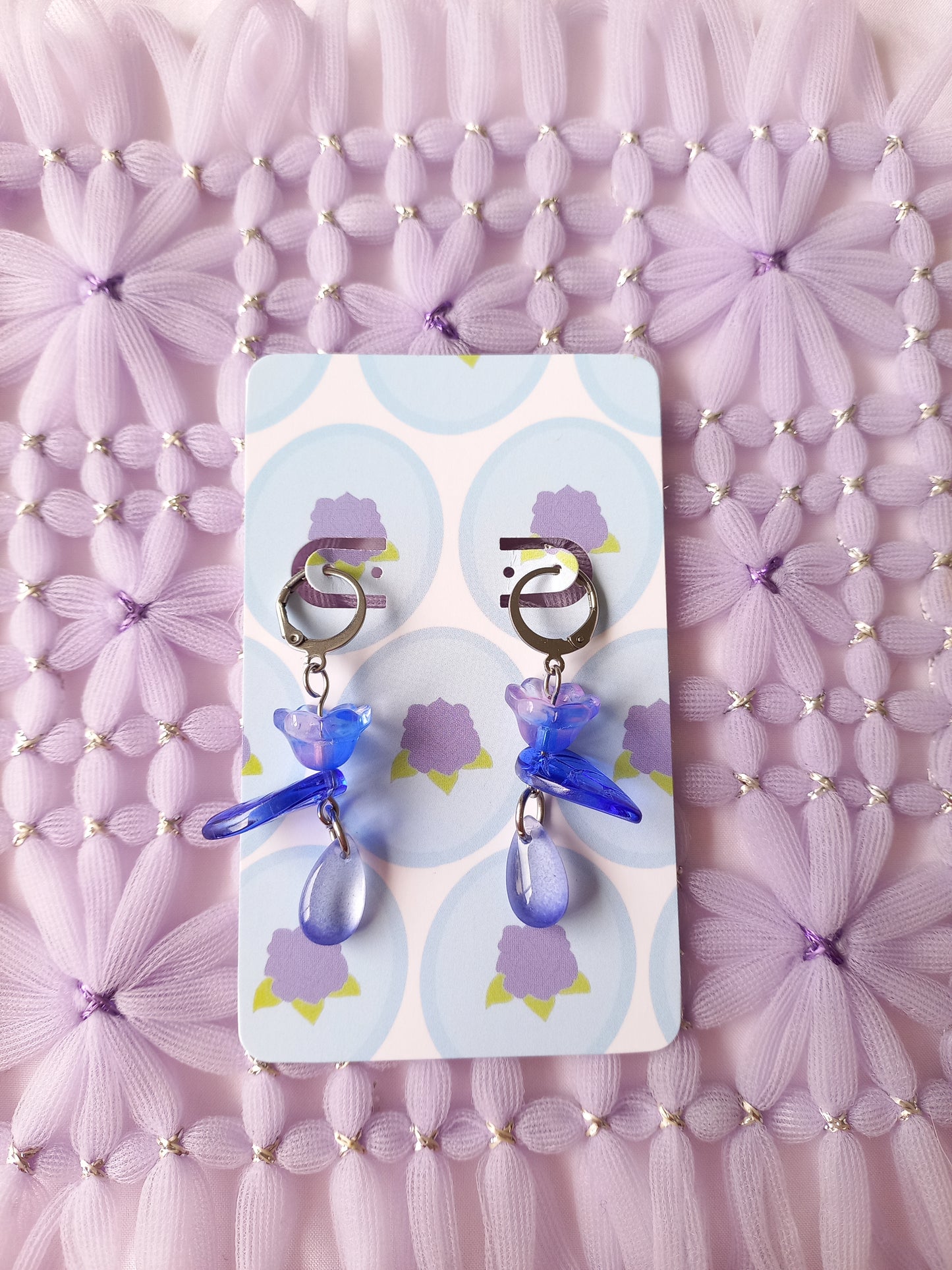 Blue Floral Teardrop Huggie Earrings | One of a Kind
