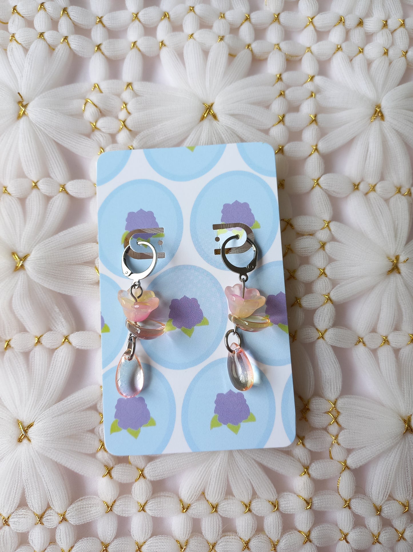 Pink & Yellow Floral Teardrop Huggie Earrings | One of a Kind
