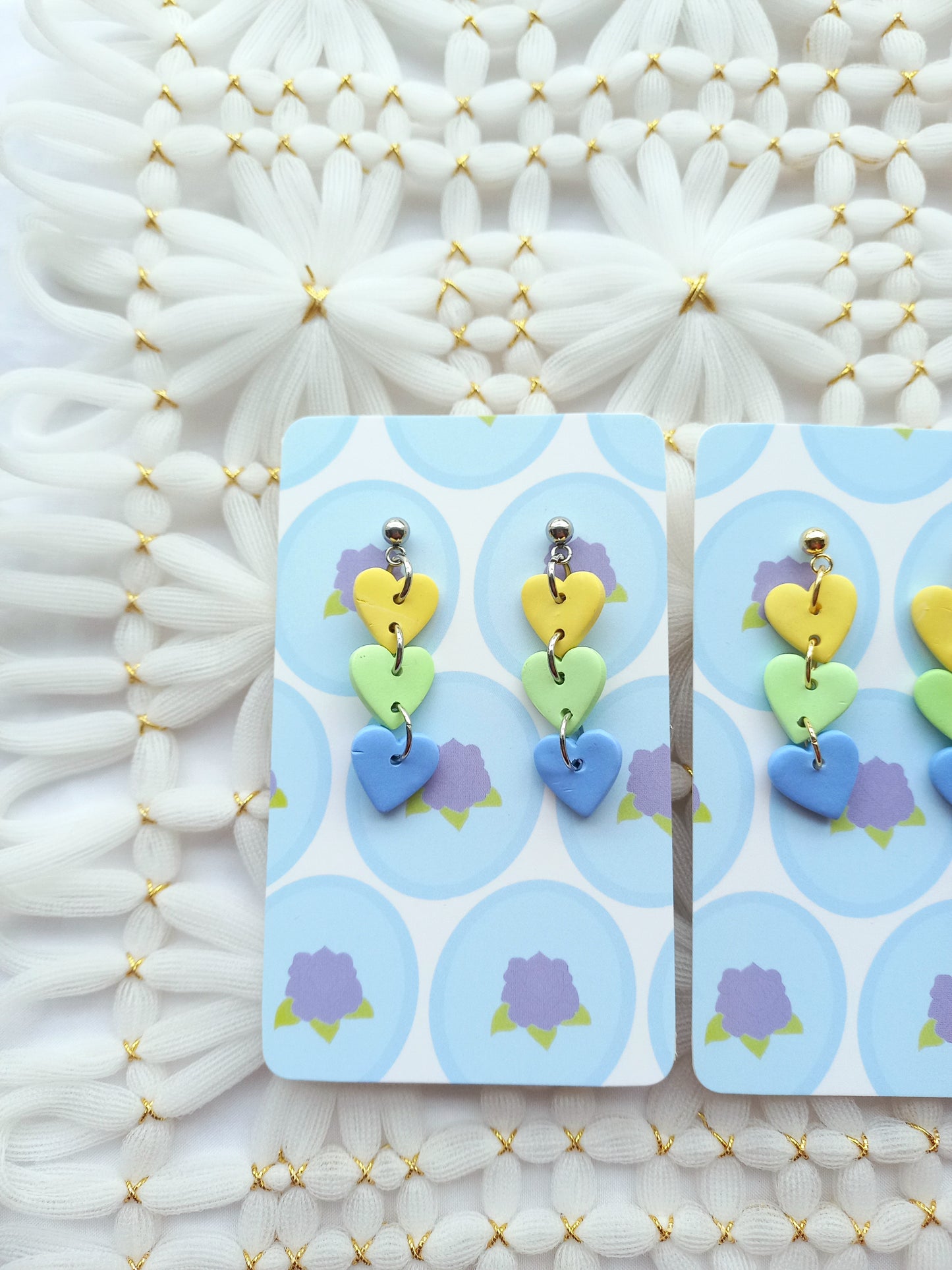 Yellow, Green & Blue Heart Chain Earrings | Love Collection