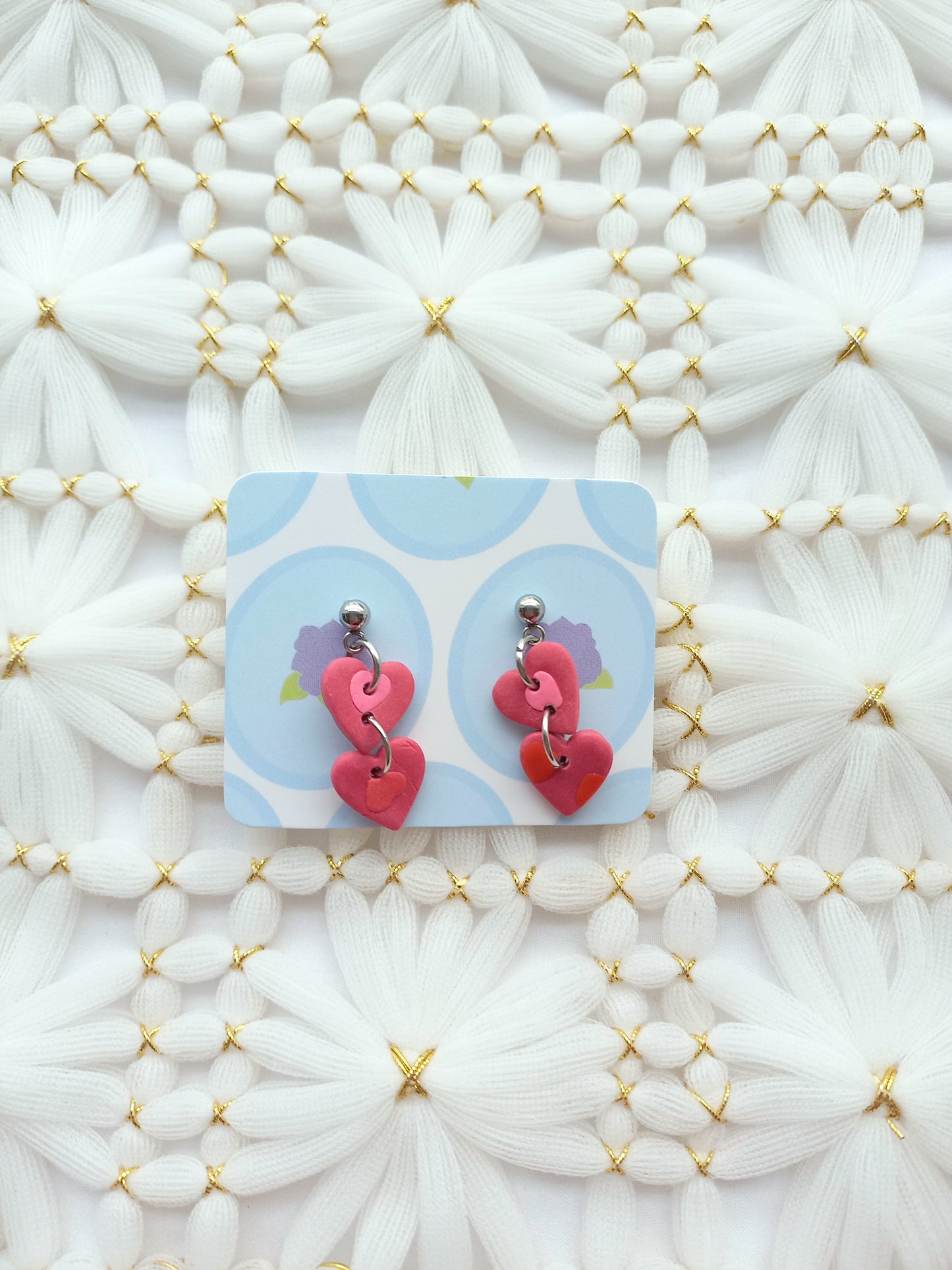 Heart Patterned Pink Heart Chain Earrings | Love Collection