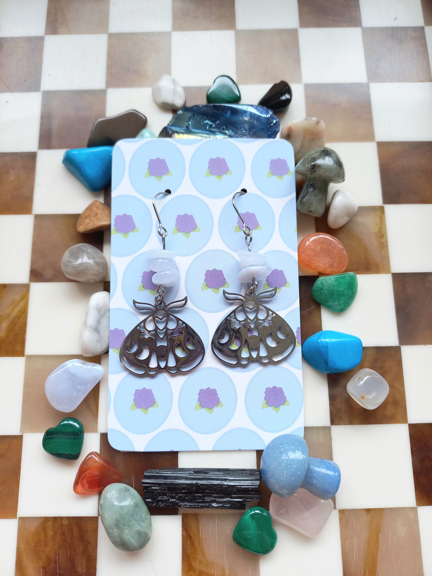 🦋 Blue Lace Agate Celestial Moth Earrings ✨
