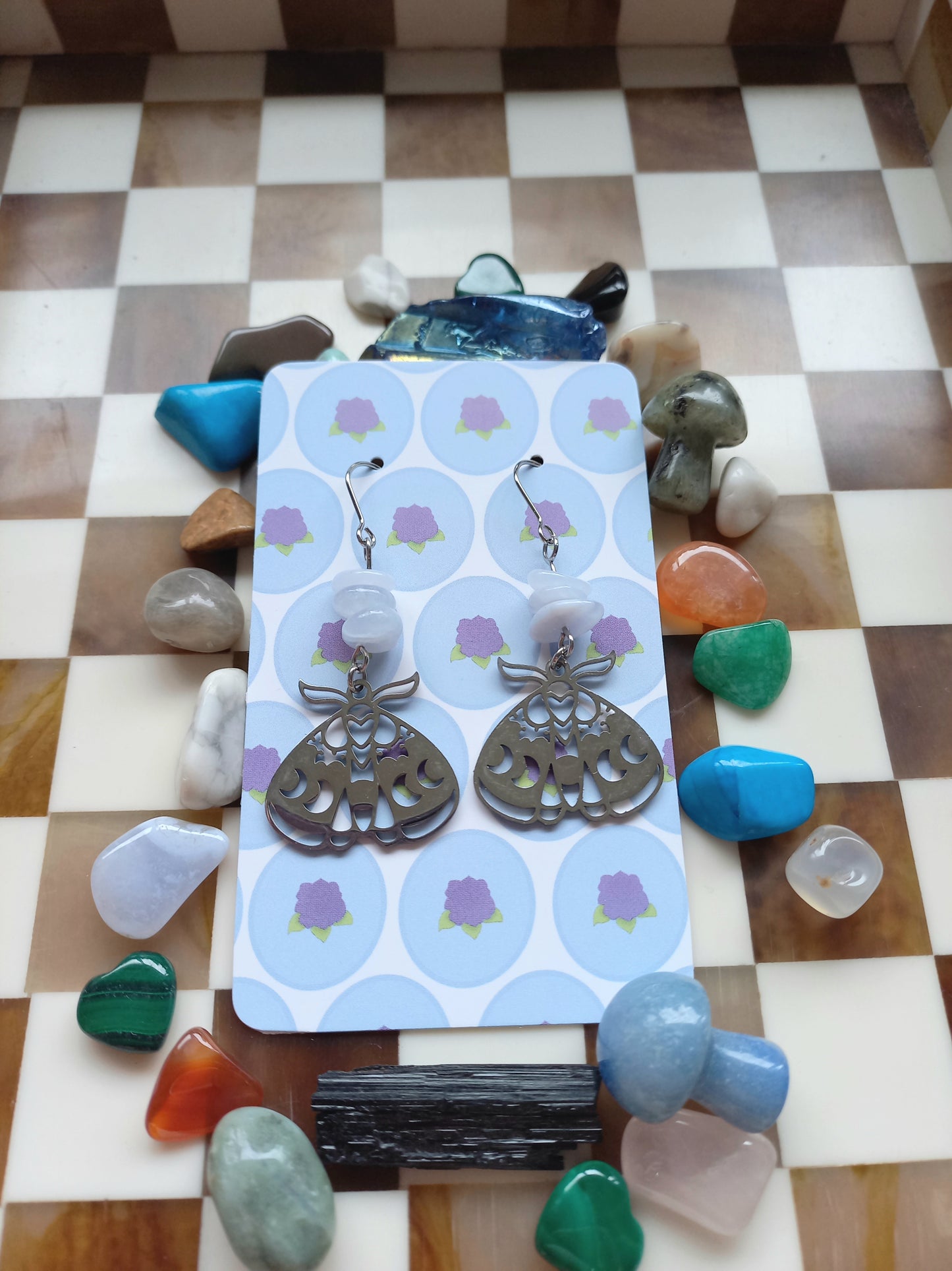🦋 Blue Lace Agate Celestial Moth Earrings ✨
