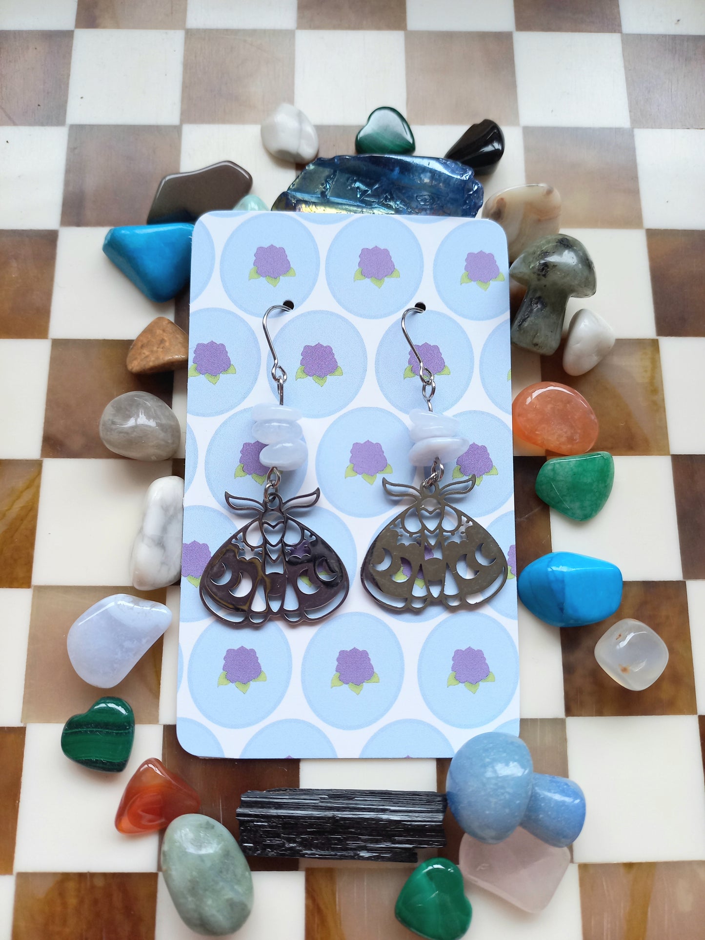 🦋 Blue Lace Agate Celestial Moth Earrings ✨