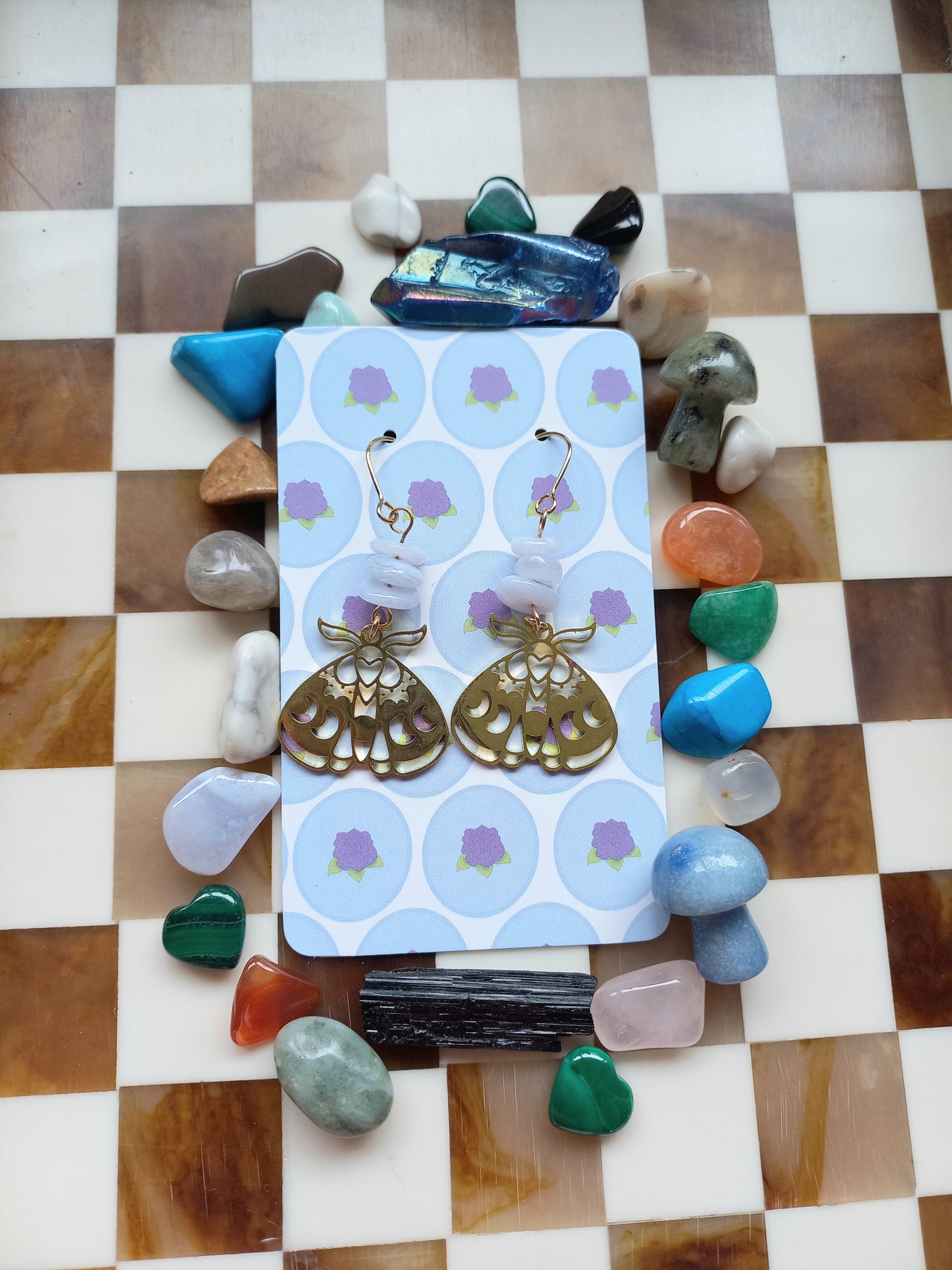 🦋 Blue Lace Agate Celestial Moth Earrings ✨