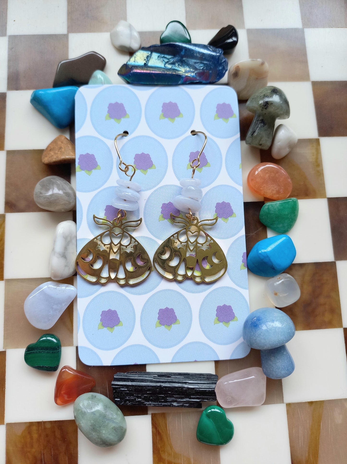 🦋 Blue Lace Agate Celestial Moth Earrings ✨